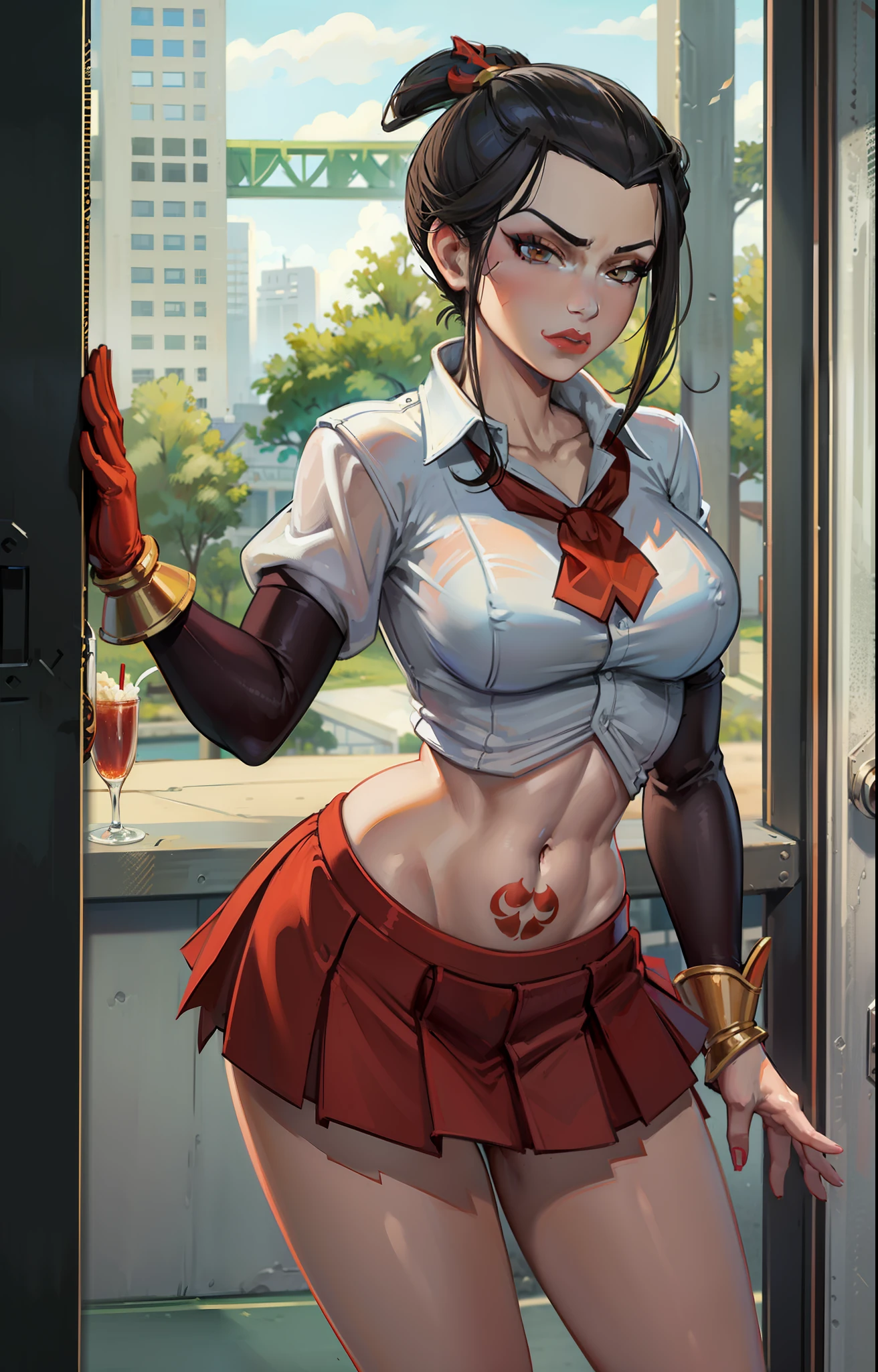 masterpiece, best quality, solo, 1girl, azula, closed mouth, smirk, makeup, décolleté, (white shirt, miniskirt, panties), wide hips, standing, legs apart, lipstick, looking at the viewer, school background, erotica, gyaru, schoolgirl-whore, corrupt, tattoo on jiaote