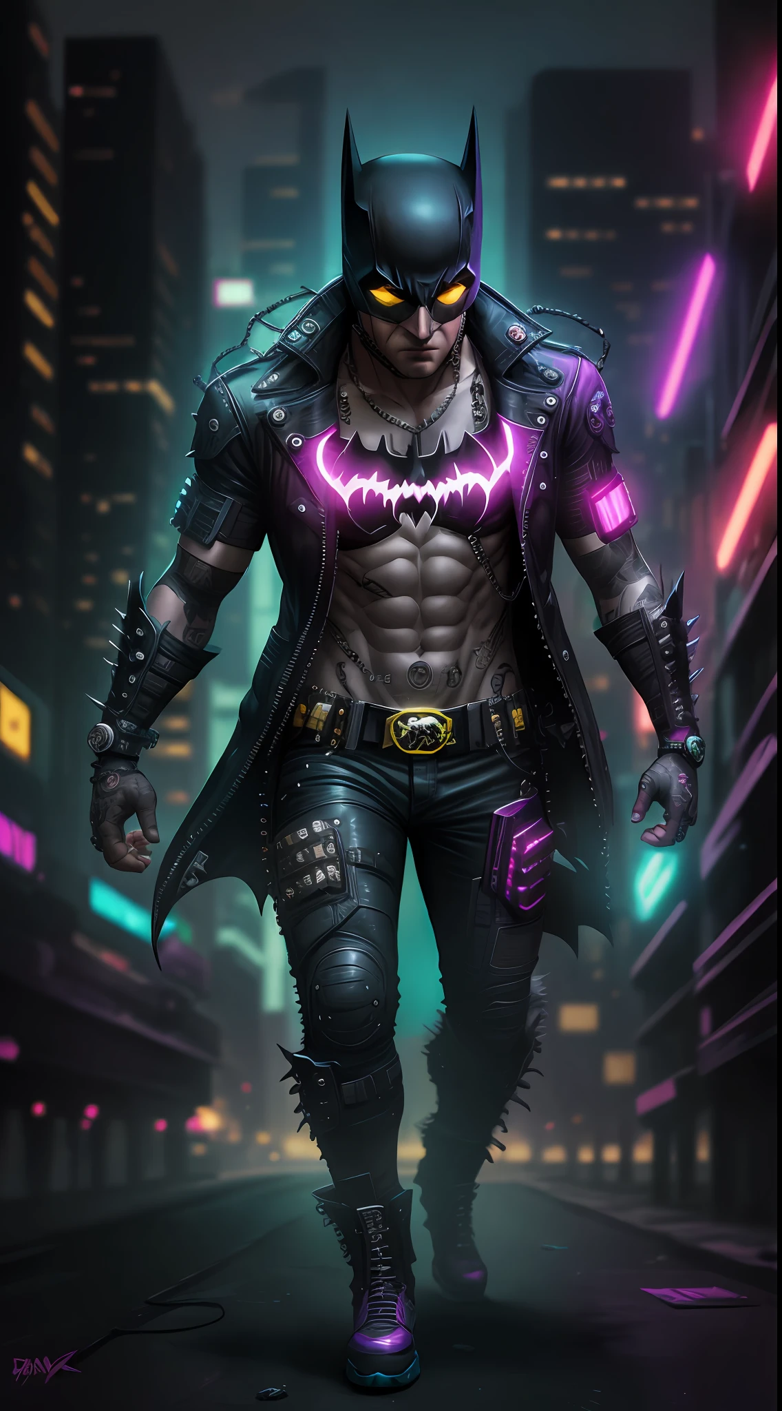 Punk Batman from DC, neon ring on background, cyberpunk art style, cyberpunk style, cyberpunk style, cyberpunk character, hyper-realistic cyberpunk style, cyberpunk color, powerful lighting, motion synchronization, dynamism, charged energy, hot action