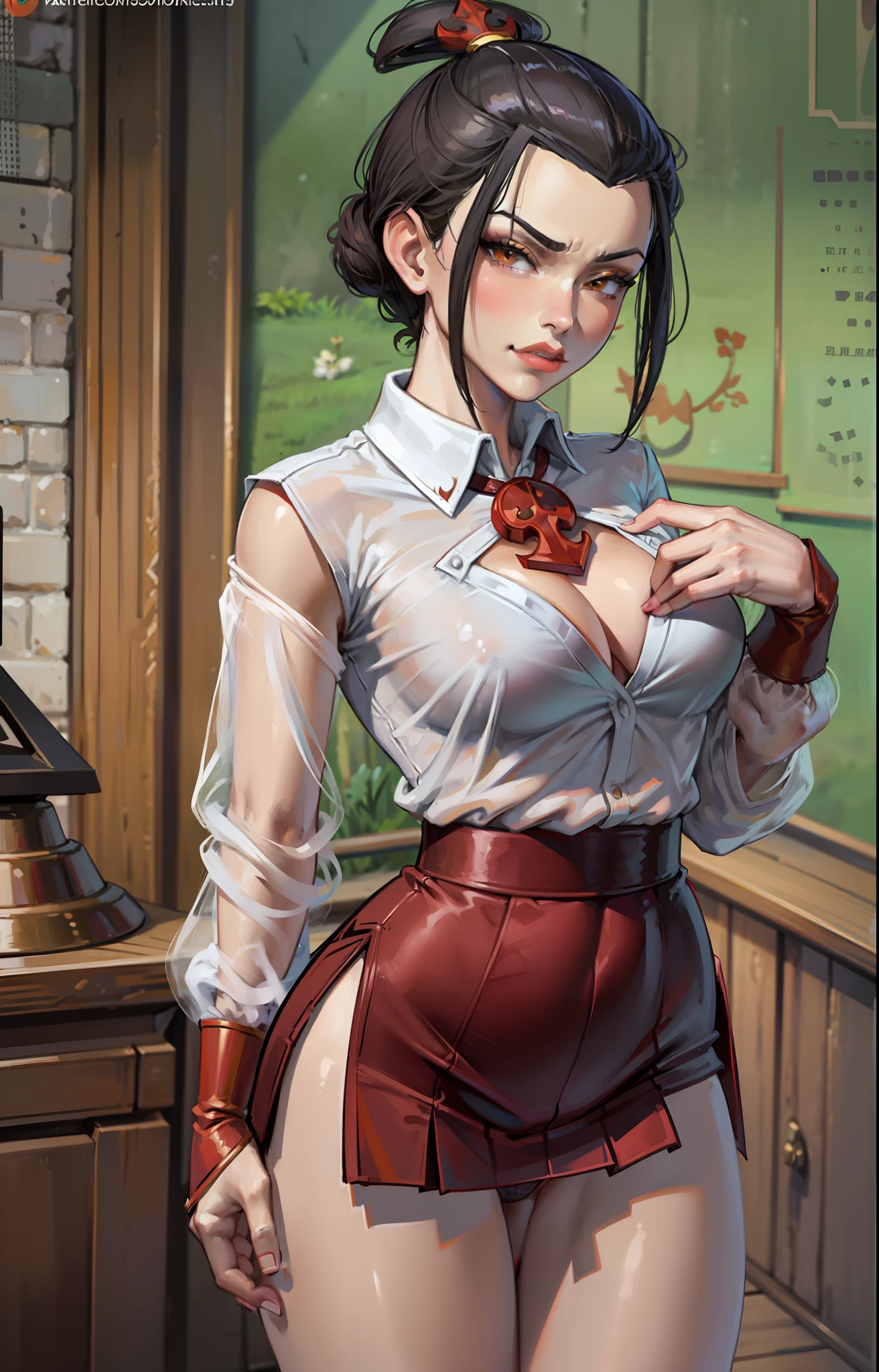 masterpiece, best quality, solo, 1girl, azula, closed mouth, smirk, makeup, décolleté, (white shirt, miniskirt, panties), wide hips, standing, legs apart, lipstick, looking at the viewer, school background, erotica, gyaru, schoolgirl-whore, corrupt, tattoo on jiaote