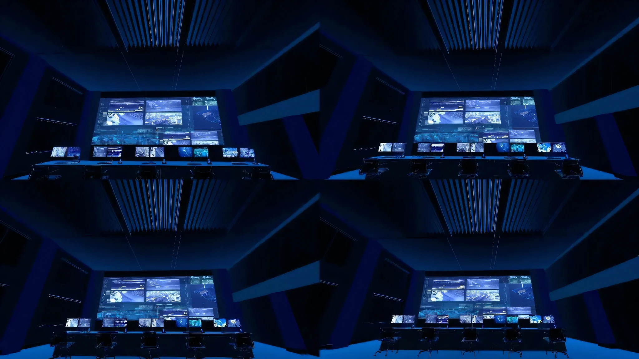multiple pictures of multiple screens of multiple computers in a room, blue color grading, cinematic blue lighting, digital screens on the walls, hito steyerl, stunning visuals with rtx on, huge computer screens, split screen, crt screens in background, many screens, gaming room in 2 0 4 0, tv screens in background, nvidia raytracing demo