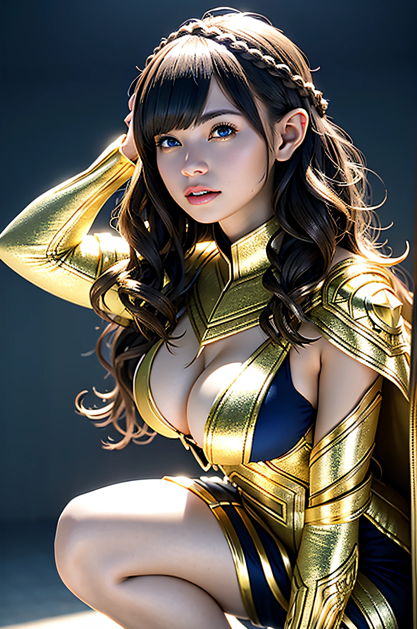 Ultra-detailed complex 3D rendering of face, (Colossal breasts: 6.8), (Skindent: 2.5), (Masterpiece, top quality, octane rendering, 8K), glamour shot full body image, very beautiful young elf, cleavage, swimsuit, one, micro bikini, long braided blonde hair, blonde hair only, big breasts, wearing intricate super armor of gold and blue and red, Ultra-realistic photo (((portrait))), wearing an intricate gold cloak and intricate white metal leggings on the legs, futuristic urban background, facial muscles, in the style of Marvel Comics, ArtStation trends, clear focus, studio photography, intricate detail, highly detailed, detailed eyes, illustration, very detailed, sharp focus, digital rendering, professional