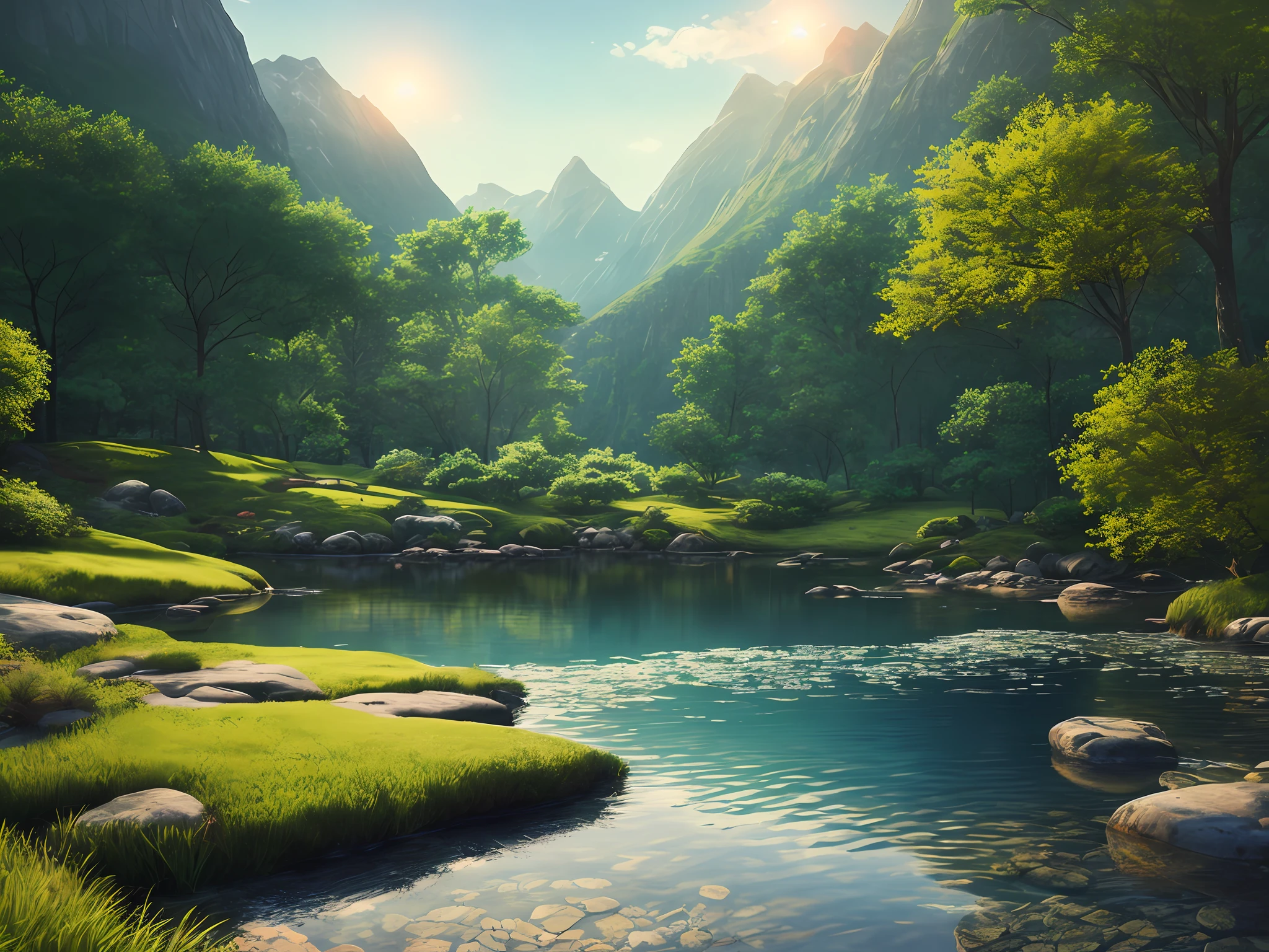 A peaceful place, very pleasant, aesthetic, calm, scenic. photorealistic, 8k uhd, studio quality, ultra realistic, max detail, massive scale, post-processing, realistic, photorealism, photoshop, photography, detailed, cinematic lighting, landscape, panoramic, landscape, raytracing, cinema4d