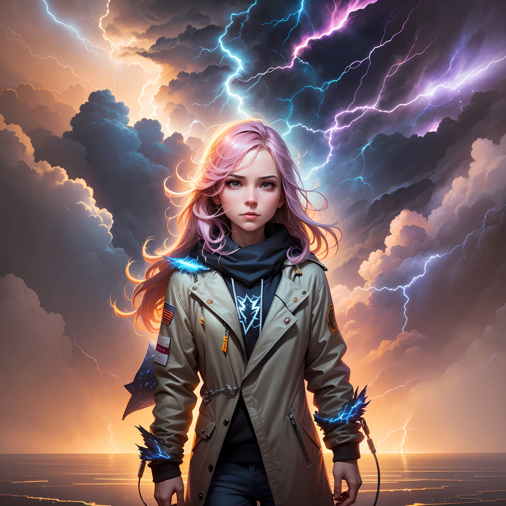 a man standing in front of a lightning bolt in the sky, fractal thunder dan mumford, amazing lightning art, surreal lighting, inspired by Cyril Rolando, splashes of lightning behind her, lightning creating life, she is attracting lightnings, cyril rolando and goro fujita, by Christopher Balaskas, in style of cyril rolando --auto --s2