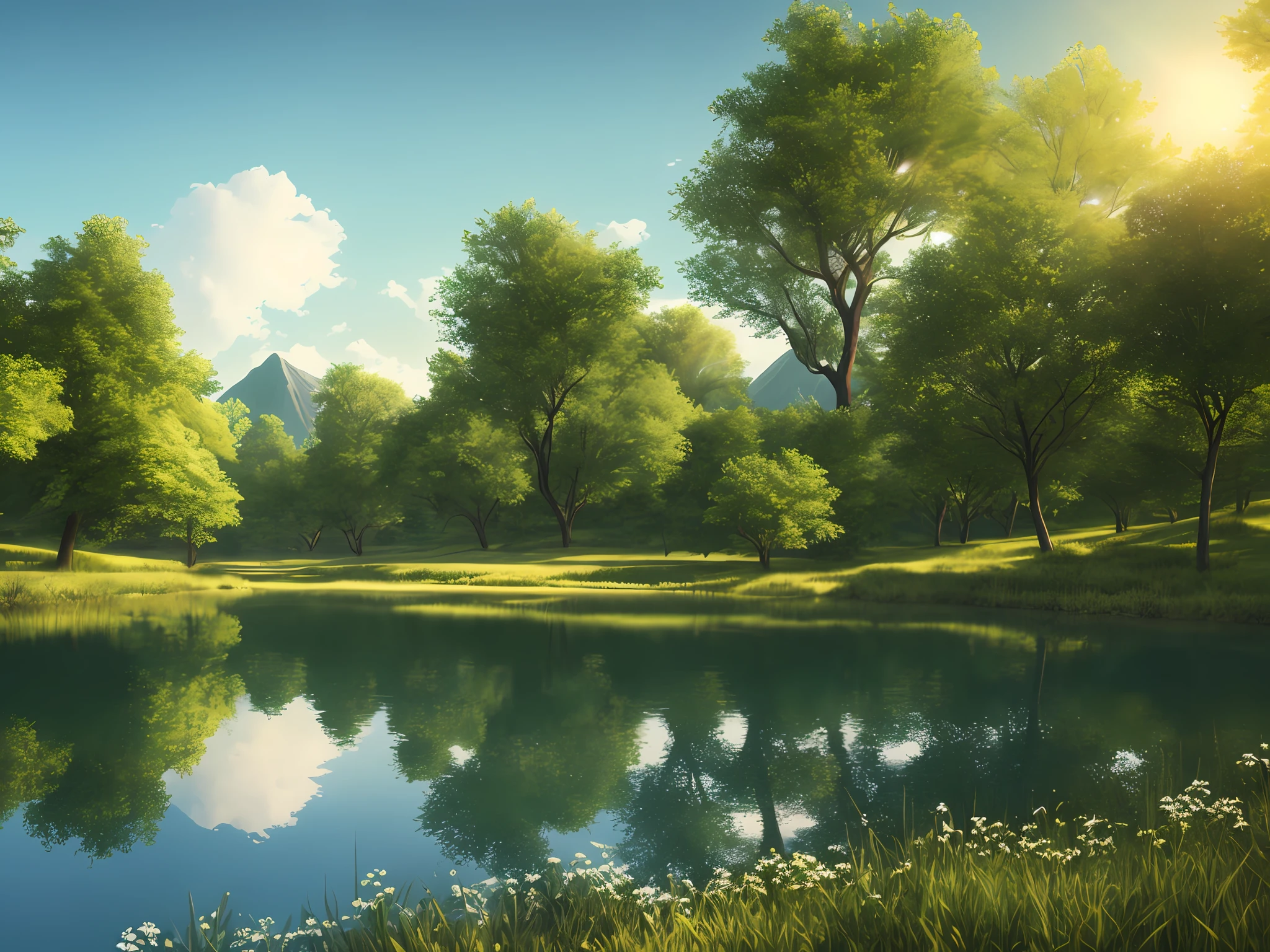 A peaceful place, very pleasant, aesthetic, calm, scenic. photorealistic, 8k uhd, studio quality, ultra realistic, max detail, massive scale, post-processing, realistic, photorealism, photoshop, photography, detailed, cinematic lighting, landscape, panoramic, landscape, raytracing, cinema4d