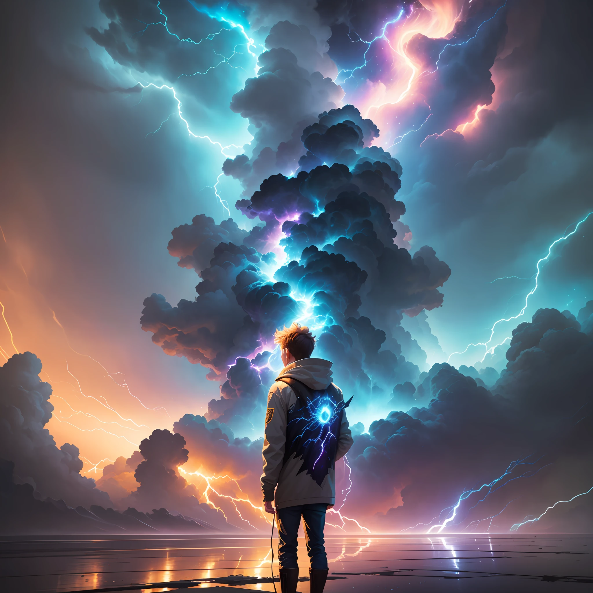a man standing in front of a lightning bolt in the sky, fractal thunder dan mumford, amazing lightning art, surreal lighting, inspired by Cyril Rolando, splashes of lightning behind her, lightning creating life, she is attracting lightnings, cyril rolando and goro fujita, by Christopher Balaskas, in style of cyril rolando --auto --s2