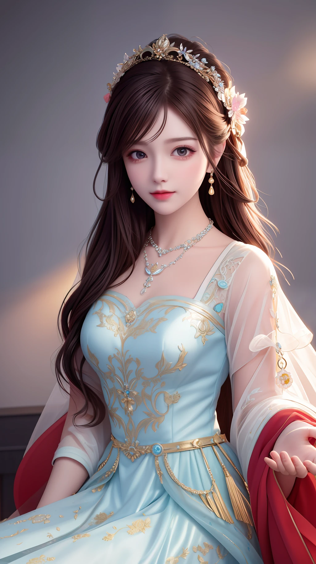 Best quality, masterpiece, high resolution, 1girl, porcelain dress, hair accessories, necklace, jewelry, beautiful face, on the body, Tyndall effect, realistic, dark studio, edge lighting, two-tone lighting, (high detail skin: 1.2), 8k UHD, dslr, soft light, high quality, volumetric light, candid, photo, high resolution, 4k, 8k, background blur,