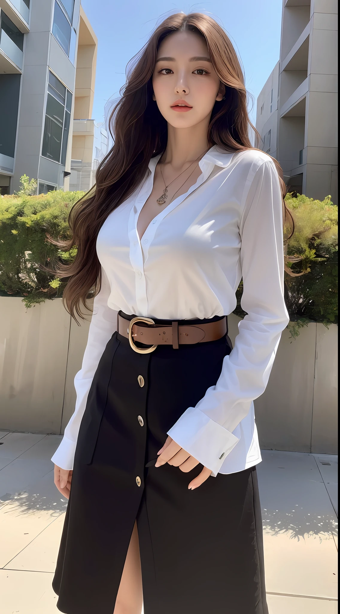 (Best quality, High resolution, Masterpiece :1.3), A tall and pretty woman, Slender abs, Dark brown hair styled in loose waves, Breasts, Wearing pendant, White button up shirt, Belt, Black skirt, (Modern architecture in background), Details exquisitely rendered in the face and skin texture, Detailed eyes, Double eyelid