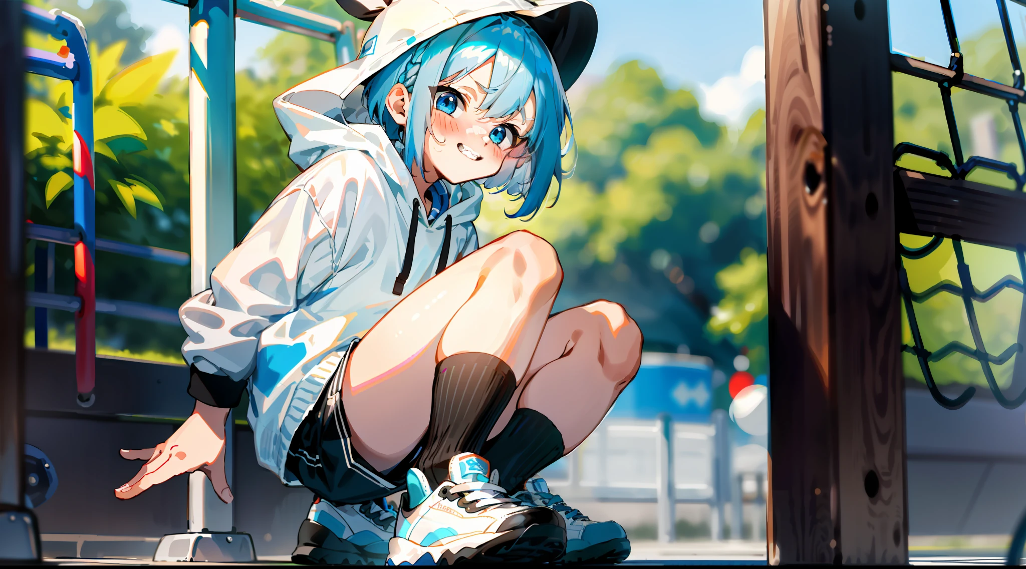 HD picture, children's youthful style, animated face appearance, strong and vibrant blue eyes, playground background, white Bob hairstyle 1boy, wearing slim white hoodie and black knee socks, shorts, smile, shyness, nervousness, embarrassment, flustered, blush, black shoes, depth of field, full body view.