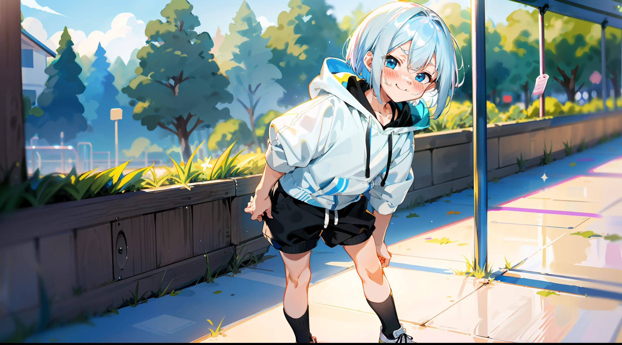 HD picture, children's youthful style, animated face appearance, strong and vibrant blue eyes, playground background, white Bob hairstyle 1boy, wearing slim white hoodie and black knee socks, shorts, smile, shyness, nervousness, embarrassment, flustered, blush, black shoes, depth of field, full body view.