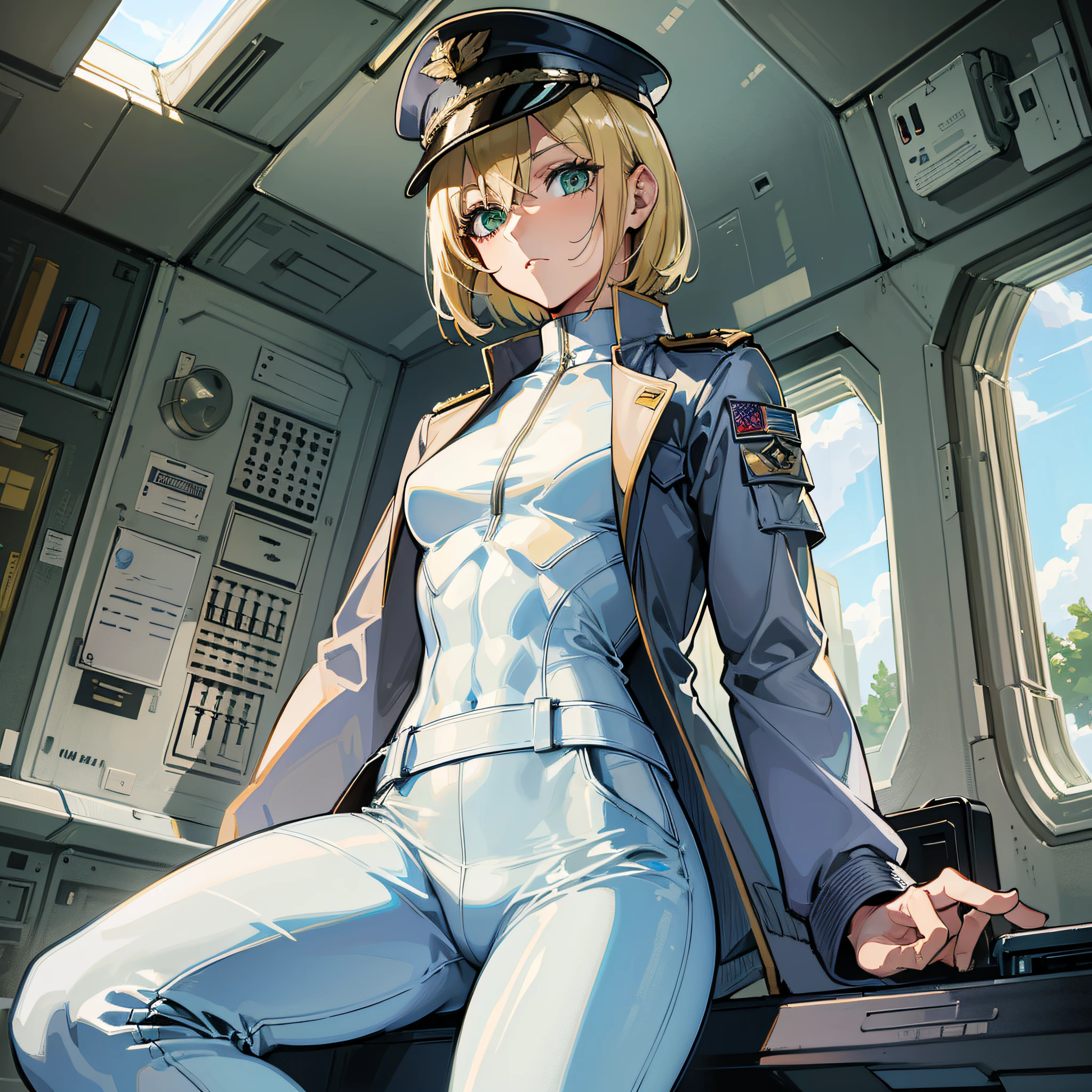 ((Masterpiece)), ((Highest Image Quality)), ((Best Quality)), (Illustration of One Girl), Full Body, 25 Years Old, (Neutral), Blonde, ((Short Hair)), ((Short Neckline)), Green Eyes, (Flat)), Small, (((Tall)), ((Muscular Strong Body)), (Army Uniform)), (Military Hat)), (Army Coat)), (White Clothes), (White Pants), (White Hat), Trench Coat, (( Inside the spaceship)), (outside the window, space, Earth seen from space, spaceport)