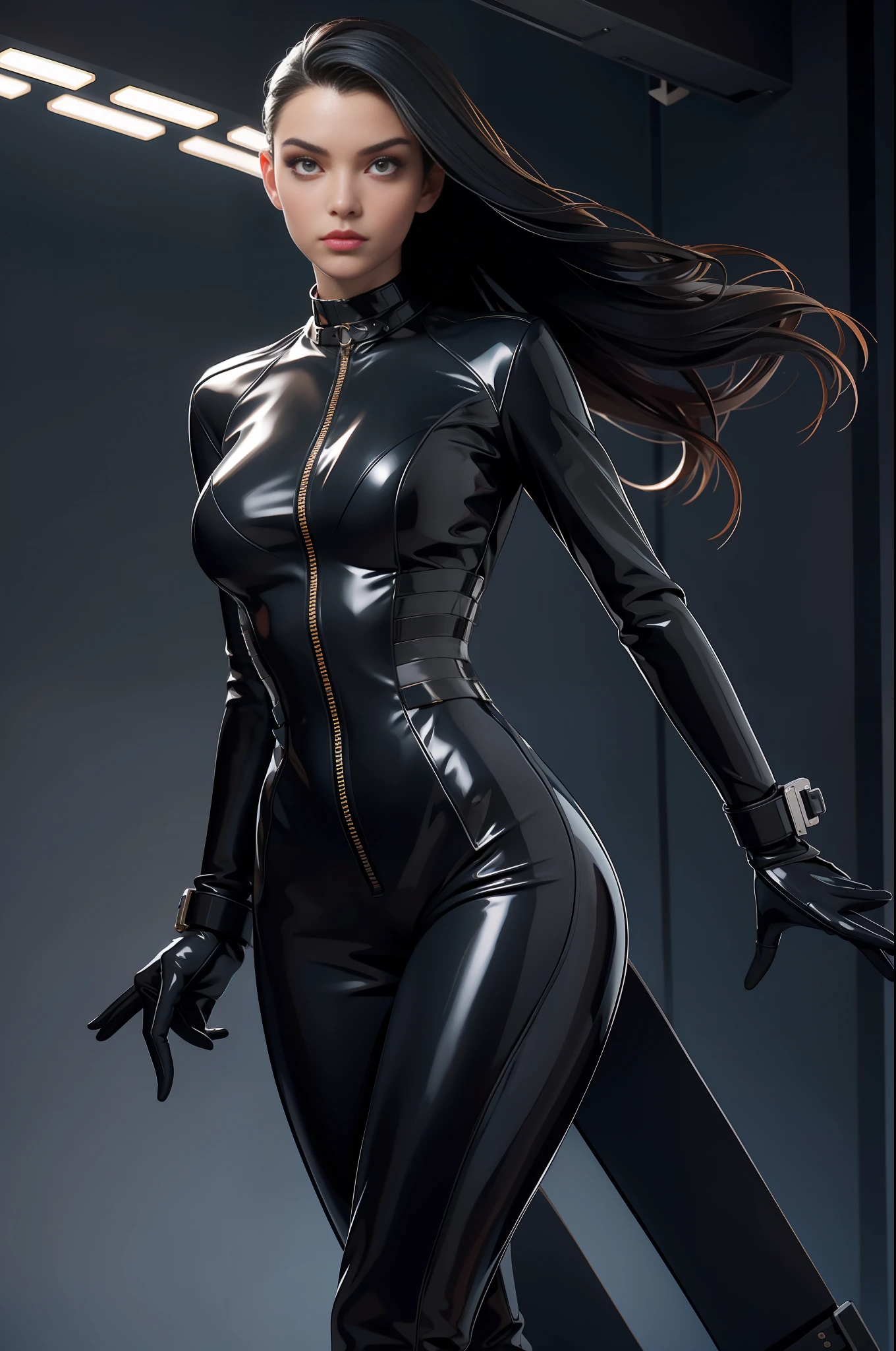 solo, super fine photo, portrait Unreal Engine 5 8K UHD of beautiful and mature girl, gorgeous, bob hair, black color scheme tight futuristic latex catsuit with straps, latex glove, latex belts, cyberpunk design, futuristic female superheroine, latex arm and leg cuffs, beautiful make up, luxurious, best quality, masterpiece, official art, unified 8k wallpaper, super detailed, sharp focus, dynamic pose, body parts, no extra limbs, precisely anatomy