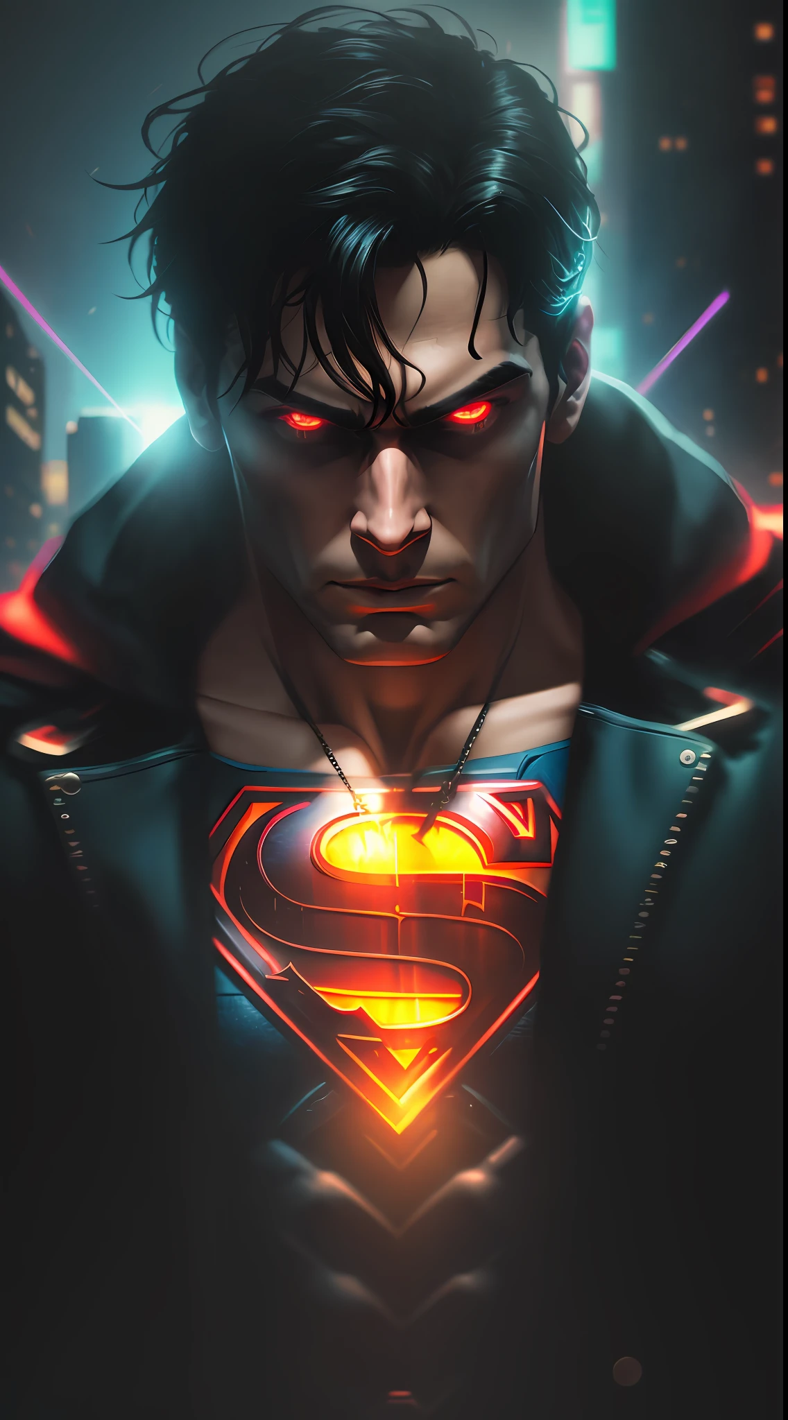 God Superman from DC, neon ring on background, cyberpunk art style, cyberpunk style, cyberpunk style, cyberpunk character, hyper-realistic cyberpunk style, cyberpunk color, powerful lighting, motion synchronization, dynamism, charged energy, hot action