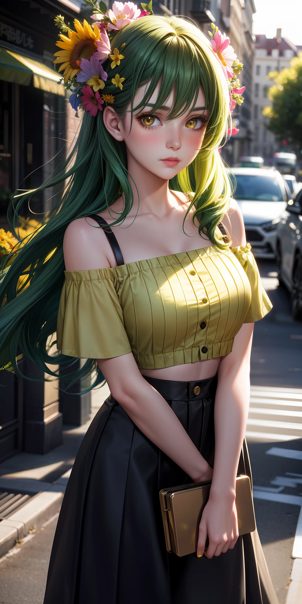 realistic, 1girl, green hair, yellow eyes, bright eyes, cropped top, skirt, lips parted, blush, night, flowers, sun, sunlight,