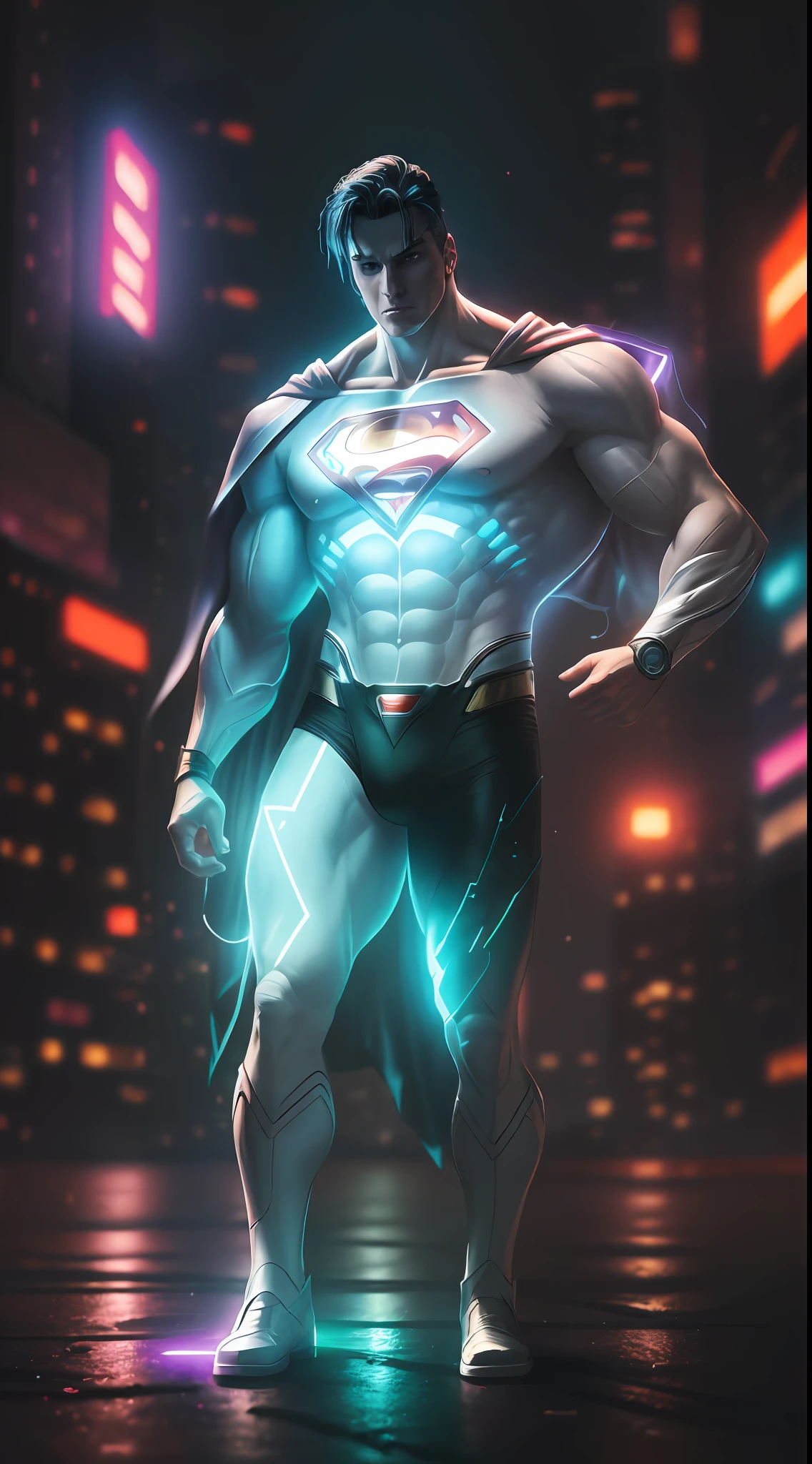 White Superman from DC, neon ring on background, cyberpunk art style, cyberpunk style, cyberpunk style, cyberpunk character, hyper-realistic cyberpunk style, cyberpunk color, powerful lighting, motion synchronization, dynamism, charged energy, hot action
