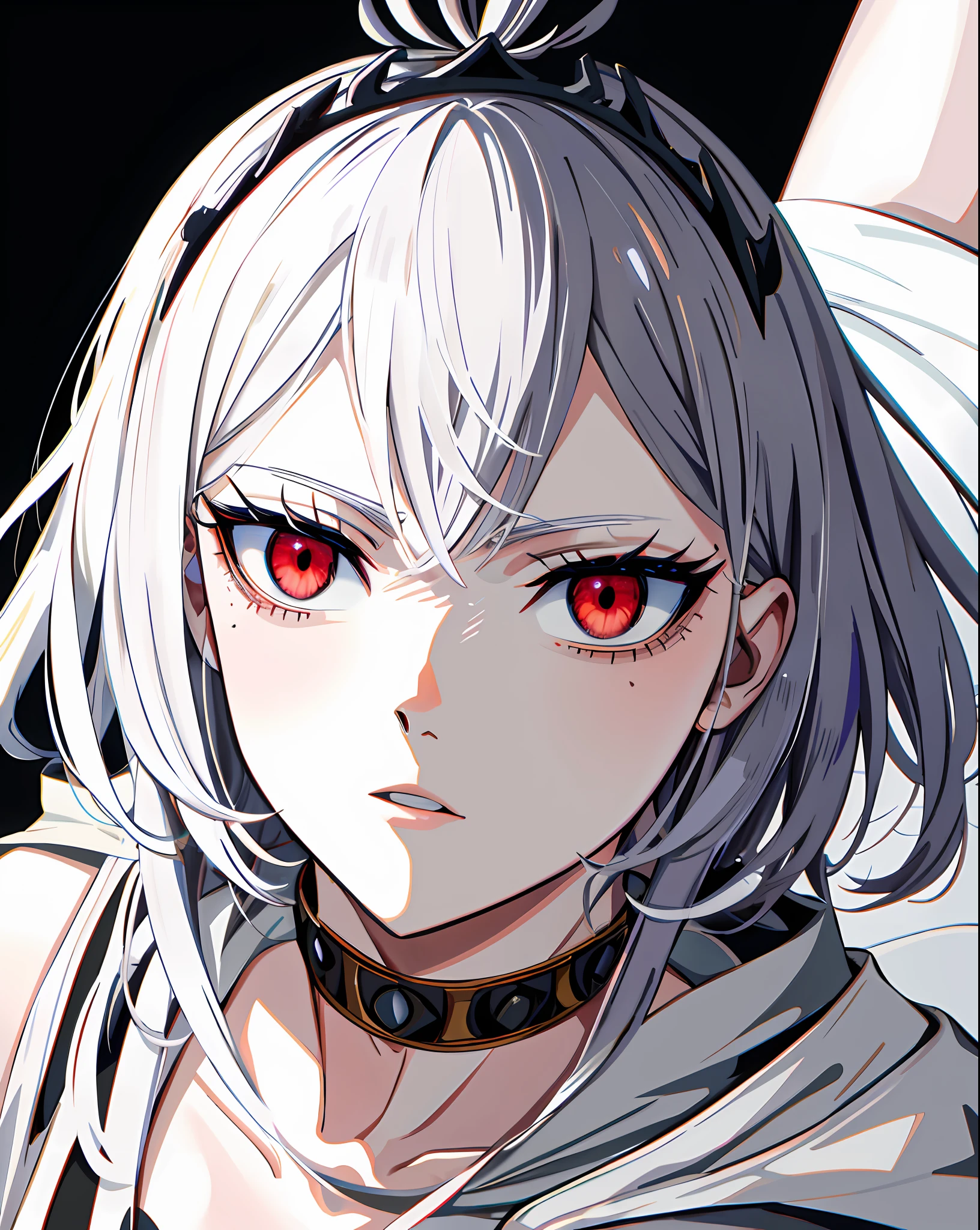Vanica /black clover/, looking_at_viewer, neutral face, studio lighting, highlights, detailed eyes, girl, red eyes, wearing a crown, black clover style