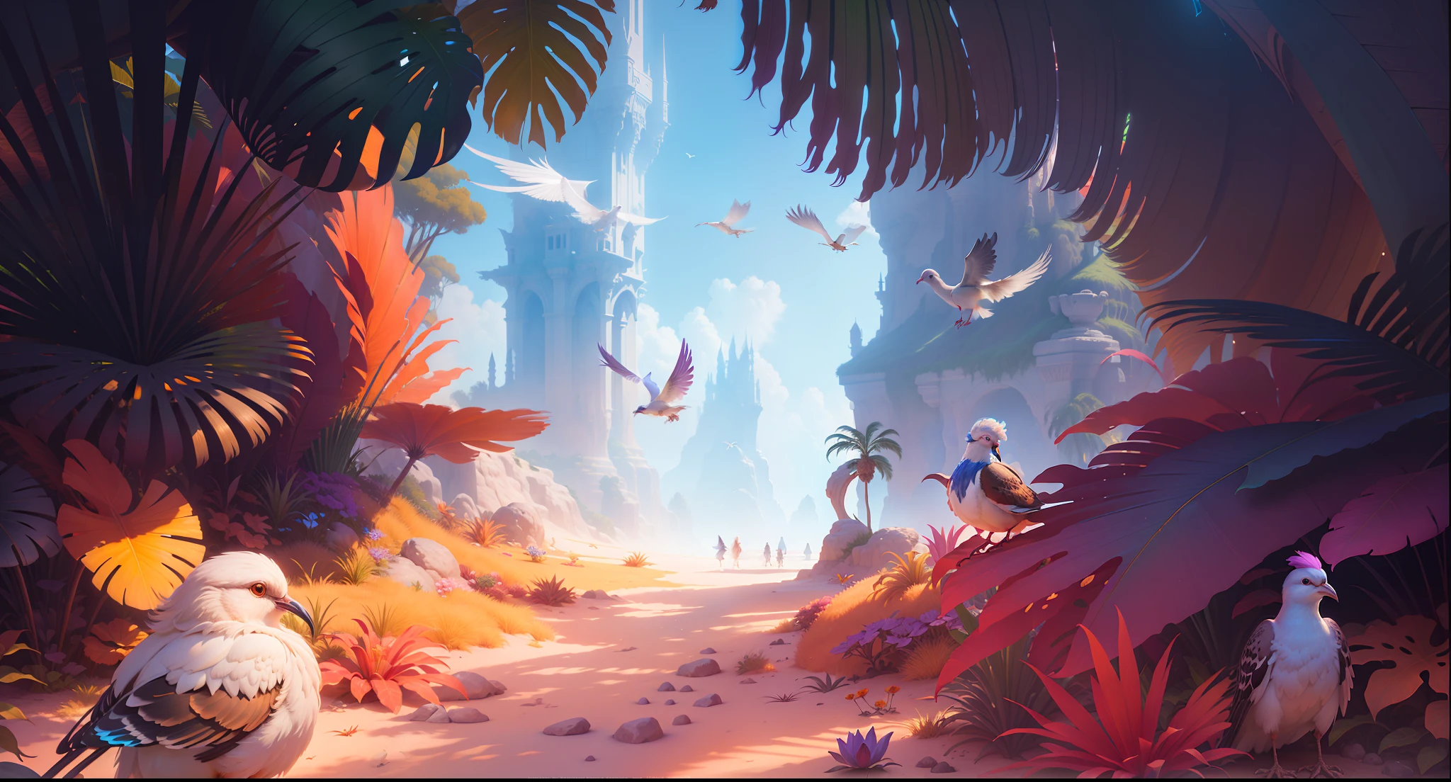 There is a picture of a fantasy scene with a dove, colorful concept art, Paul Lyle and Bipple, Beeper Global Lighting, Ross Rush Global Lighting, Beeper and Jean Giraud, fantasy style 8K octane rendering, Bird of Paradise, Beeper and Mike Winckelman, inspired by Mike Winckelman, vibrant fantasy style