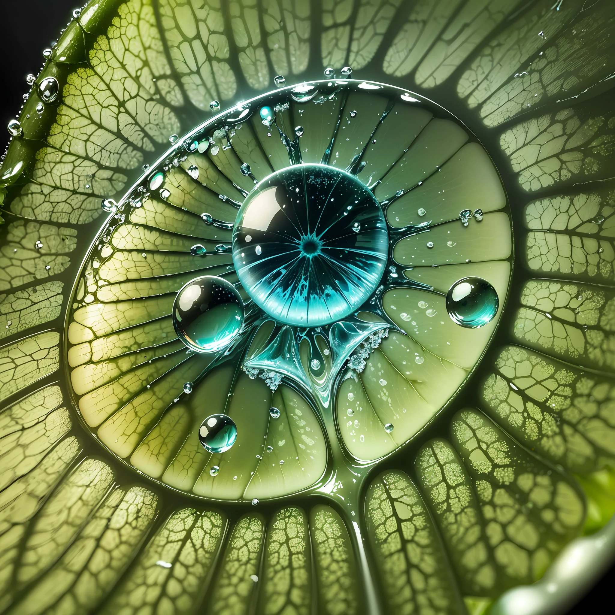 (high quality, peaceful) A close-up of (large water droplet reflecting surrounding nature) magnified on a leaf, with incredible detail and transparency, revealing a (water droplet surrounded by a transparent skull) - style raw image. --auto --s2