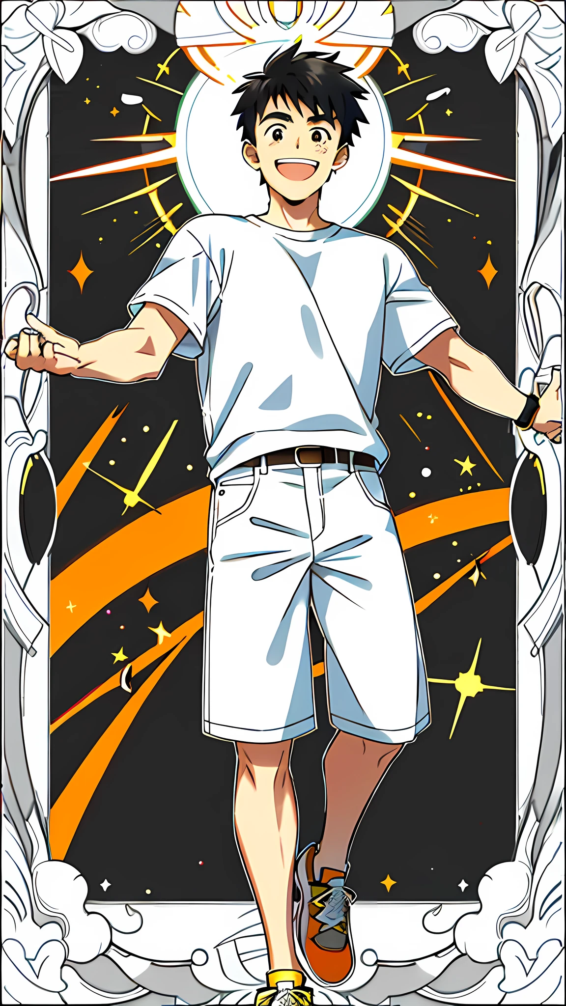 masterpiece, best quality, full body, card, 1 guy, the sun, happy, laugh, short hair, black hair,  brush cut, white shirt, standing, white, light,  yellow, orange, black,  buzz cut, bara, street style, white t-shirt, sport, center, young guy, looking at viewer, holding nothing, sunshine, teenager boy