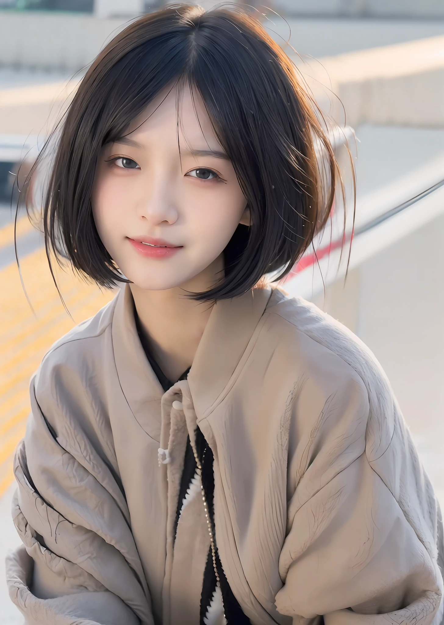 best quality, (photorealistic:1.2), 1girl, solo, shiny skin, detailed face, face focus, black hair, (games), bob cut, (looking at viewer:1.5), black eyes, (one eye closed), 吊带丝袜，（照片：0.8）