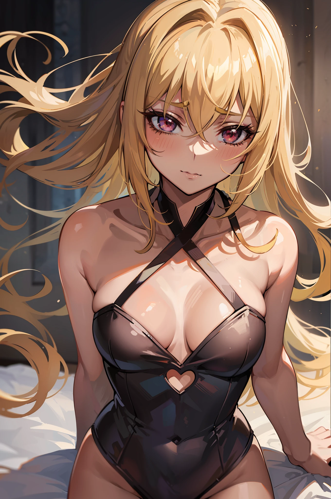 ((Top Quality, 8K,)) 1 Woman, Blonde Hair and Red Eyes Anime Girl, Anime Girl Named Lucy, Portrait of a Female Anime Hero, Female Anime Character, Zodiac Girl Portrait Knight, Altria Pendragon, Hajime Yatate, Symphogear, Giorno Giovanna, Cornelia from Code Geass, War Maiden Suvia, Small Luxurious black swimsuit