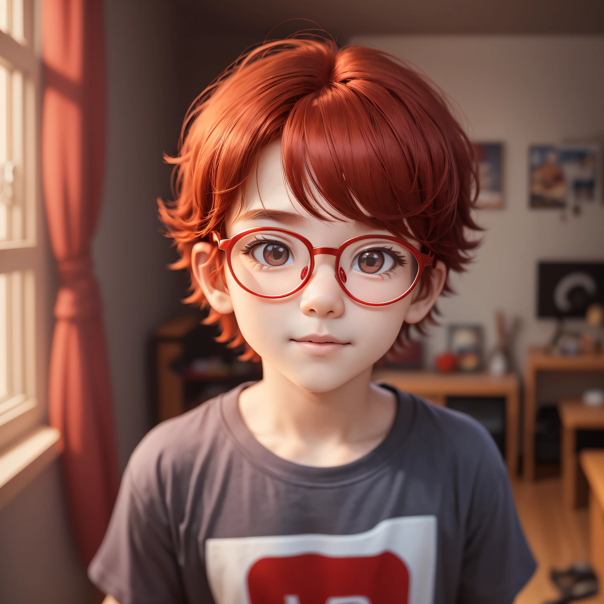 (Pixar 1.23 style) 1 boy ((upper body front, bust shot)), solo, cute ???, red hair, pretty t-shirt, glasses, korean, simple room, ((masterpiece, highest quality)), (composite lighting) --auto --s2