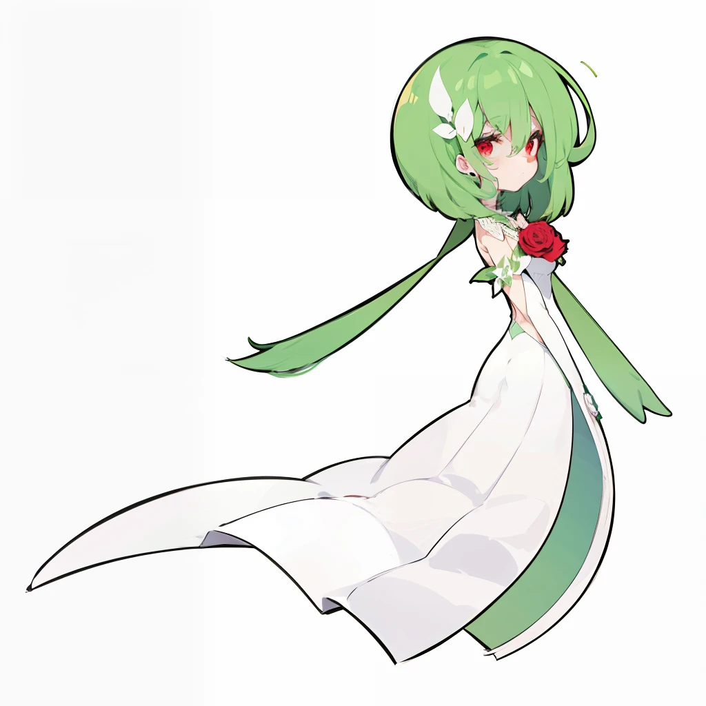 Green hair, white wedding dress, rose red eyes, rose red underwear