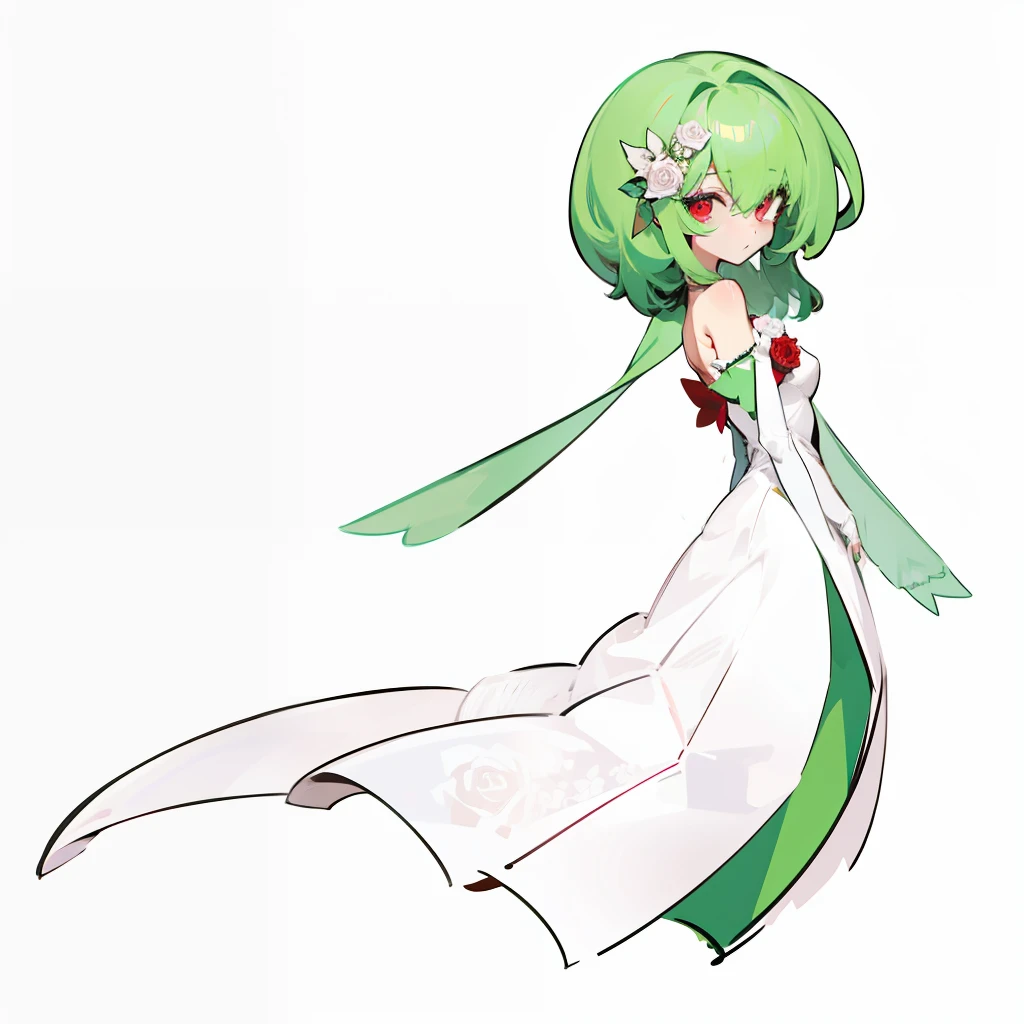 Green hair, white wedding dress, rose red eyes, rose red underwear