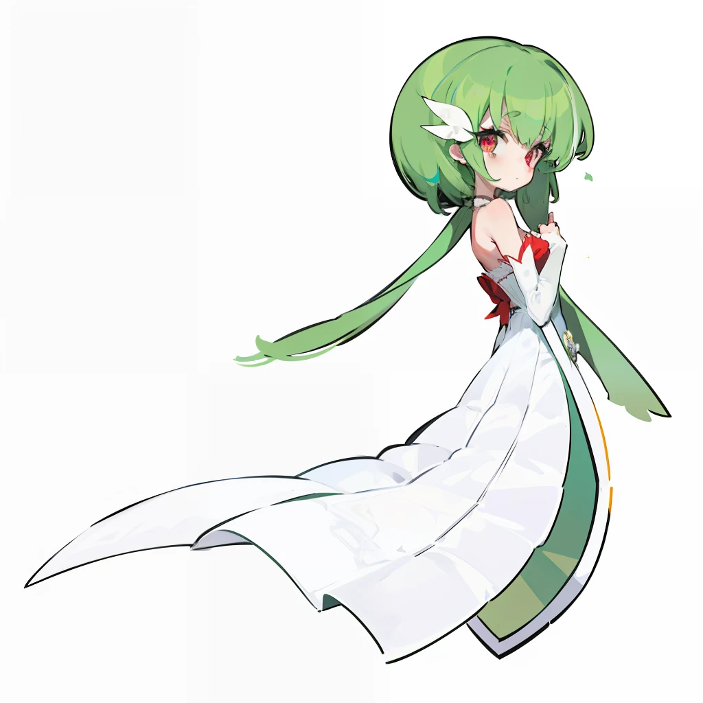 Green hair, white wedding dress, rose red eyes, rose red underwear