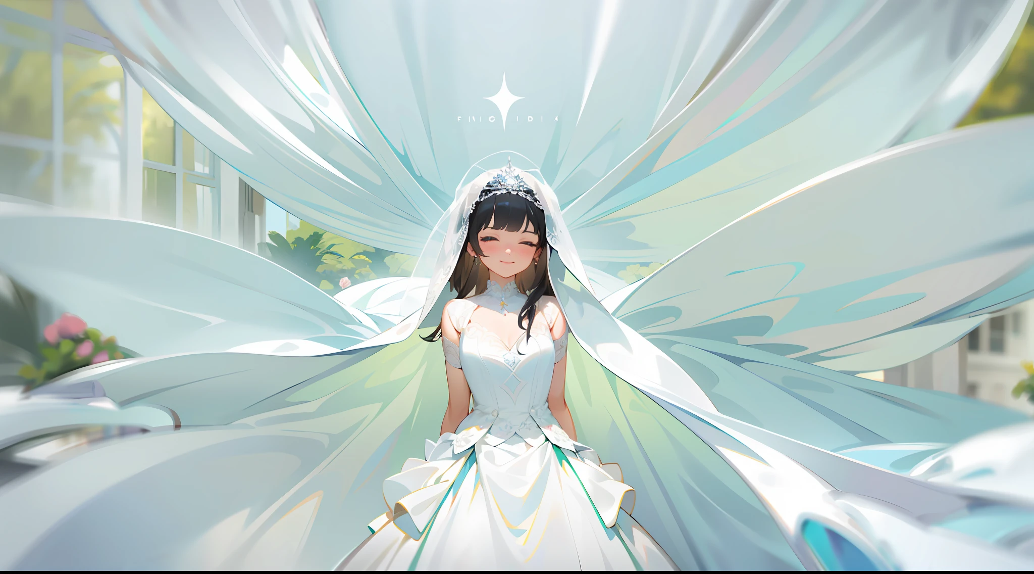 cowboy shot, upper body, portrait, medium shot, wide-angle lens, depth of field, blurred foreground, perspective, cinematic angle, arms behind back, masterpiece, best quality, ultra-detailed, extremely detailed CG unity 8k wallpaper, pretty face, beautiful detailed eyes, a maiden, solo, black hair, eyes closed, smile, lace wedding dress, woman in wedding dress, standing in front of white curtains, wide angle, In front of white background, wearing wedding dress, white room, white background, flowing fabric, ethereal beauty, endless flowing ethereal drapery,