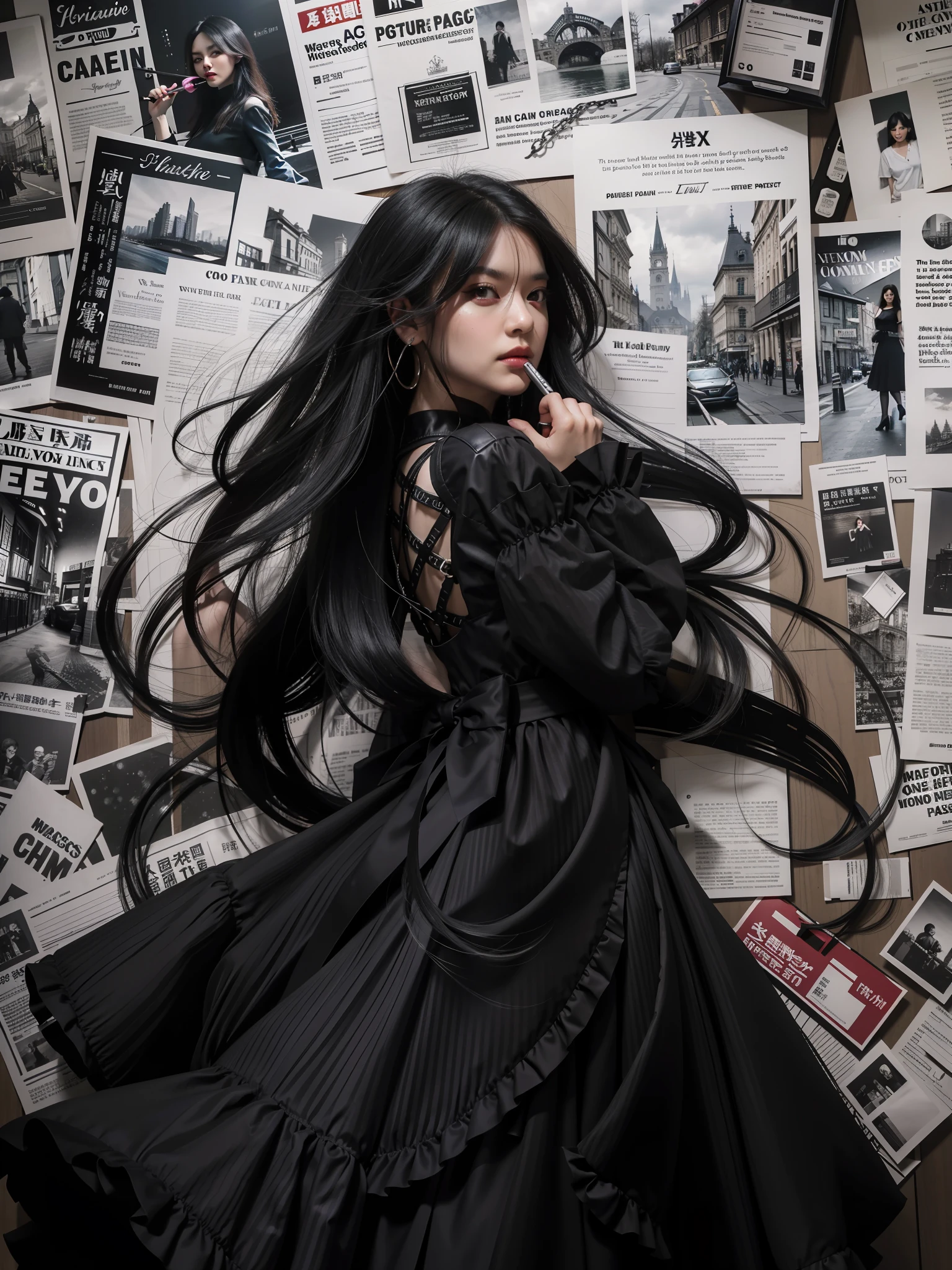 A woman in a gothic black dress, in the style of yuumei, magenta, neck wrapped in steel chains, obvious brushstrokes, clear brushstrokes, story-filled picture, old newspaper stacked paneled background, newspaper elements, pattern, long black hair, galactic eyes, dazzling light, special effects, line drawing, needle pen technique, charcoal brush strokes, clear details, master work
(masterpiece), realistic, HDR, highly detailed, 8k, original photo,
Ambient occlusion, nature, harmonious composition, cool colors, fine art photography,