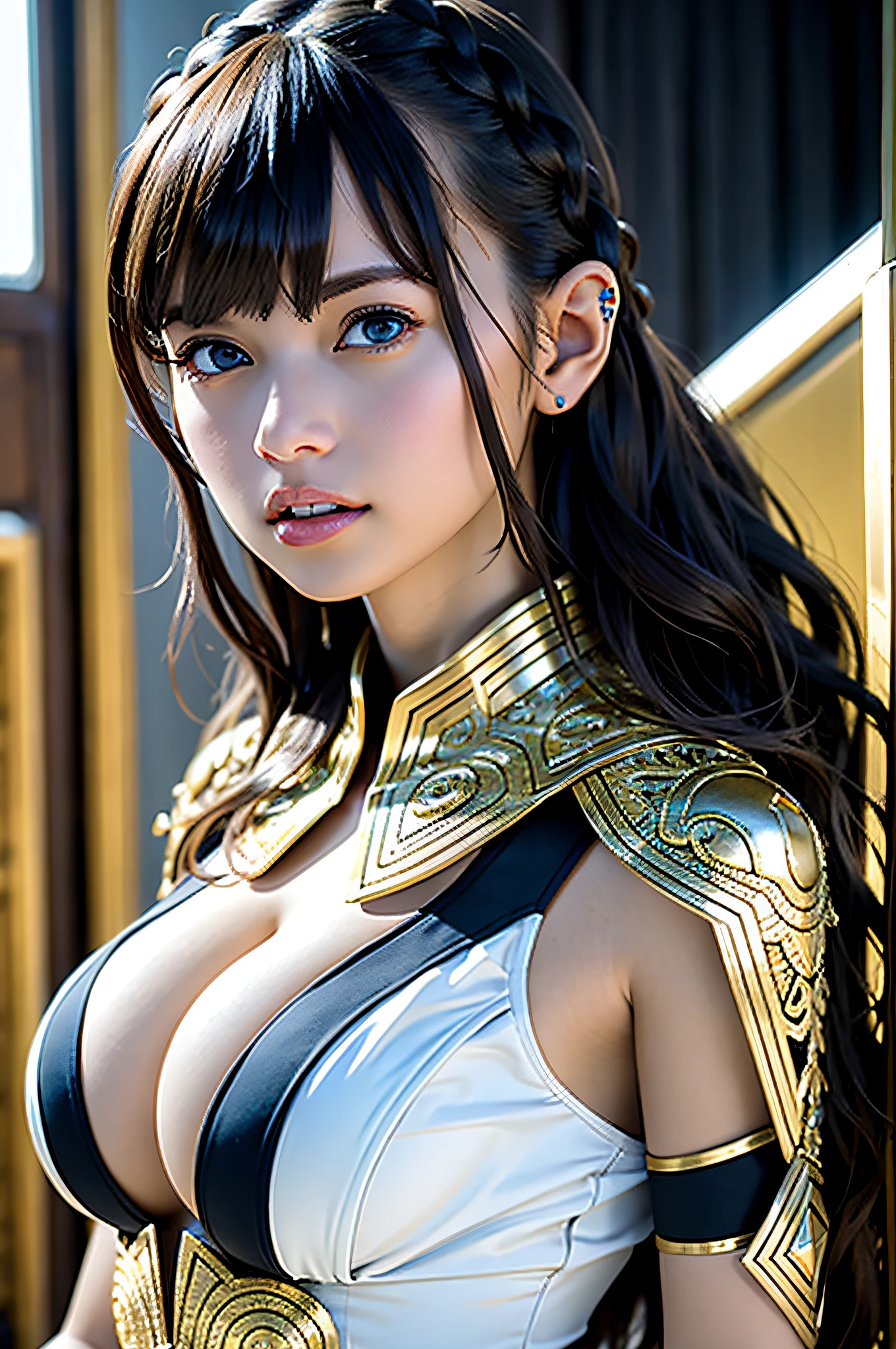 Ultra-detailed complex 3D rendering of face, (Colossal breasts: 6.8), (Skindent: 2.5), (Masterpiece, top quality, octane rendering, 8K), glamour shot full body image, very beautiful young elf, cleavage, swimsuit, one, micro bikini, long braided blonde hair, blonde hair only, big breasts, wearing intricate super armor of gold and blue and red, Ultra-realistic photo (((portrait))), wearing an intricate gold cloak and intricate white metal leggings on the legs, futuristic urban background, facial muscles, in the style of Marvel Comics, ArtStation trends, clear focus, studio photography, intricate detail, highly detailed, detailed eyes, illustration, very detailed, sharp focus, digital rendering, professional