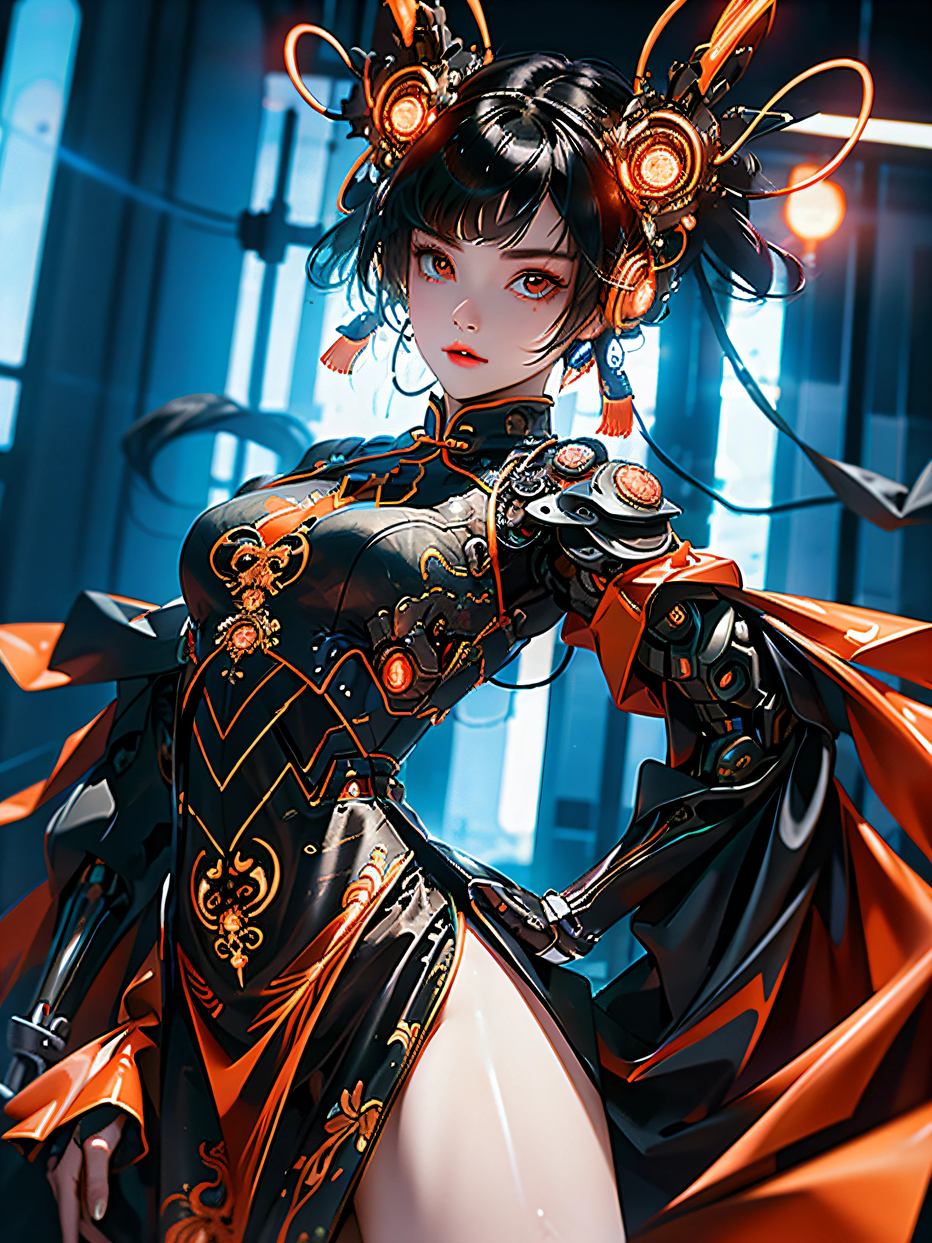 1 girl, Chinese_clothes, metallic black titanium and orange, cyberhan, cheongsam, cyberpunk city, dynamic pose, detailed luminous headphones, glowing hair accessories, long hair, luminous earrings, glowing necklace, cyberpunk, high-tech city, full of mechanical and futuristic elements, futurism, technology, glowing neon, orange, orange light, fluorescent orange, skirt, cape, coat, laser, digital background, urban sky, big moon, with vehicle, best quality, masterpiece, 8K, Character edge light, super high detail, high quality, the most beautiful woman in human beings, slight smile, face facing front left and right symmetry, ear decoration, beautiful pupils, light effects, visual data, pick and dye orange, dye hair, super detail facial texture, happy and proud, weapon system, mecha style, crowded streets,
