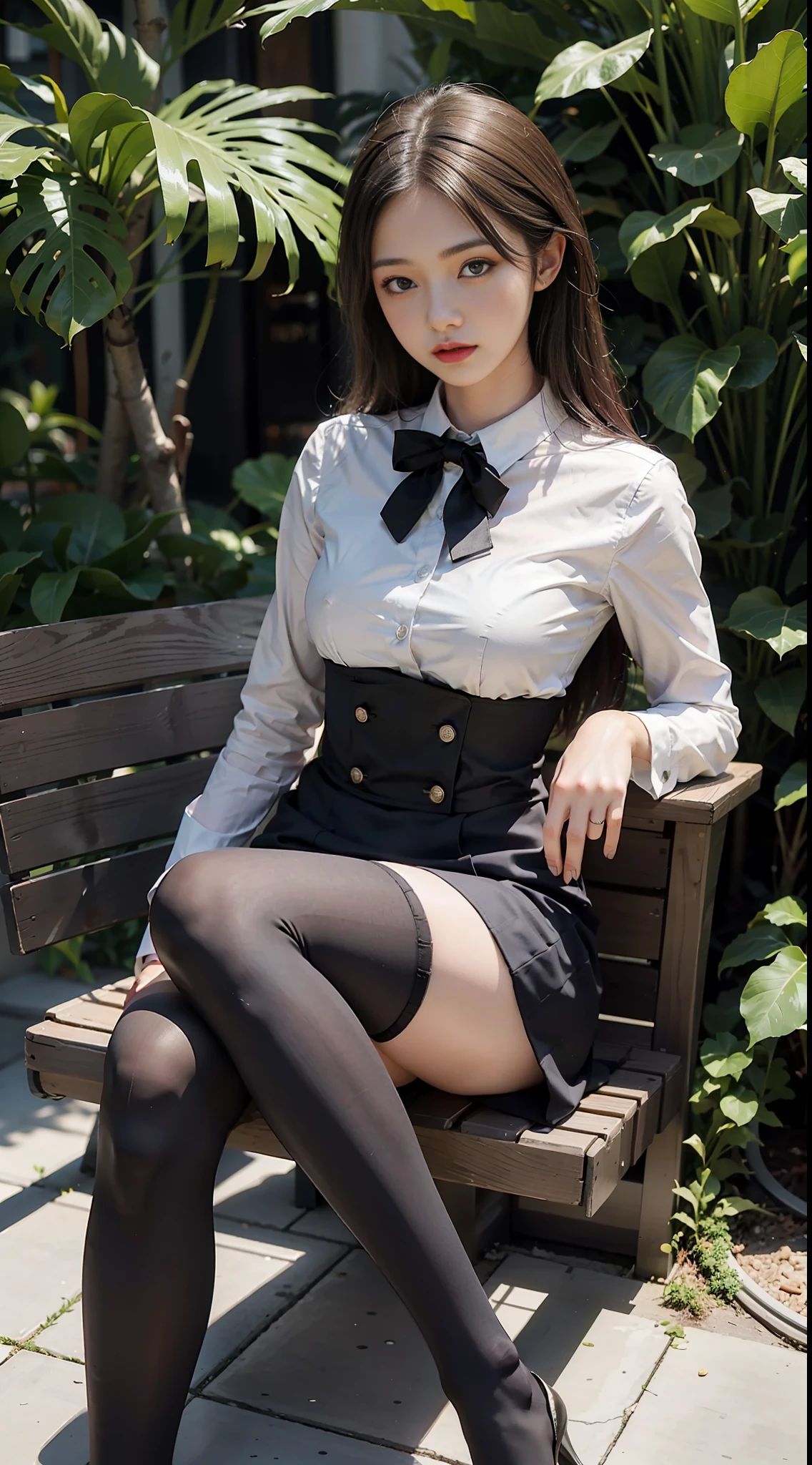 Best quality, full body portrait, delicate face, pretty face, 25 year old woman, slim figure, small bust, OL uniform, office clothes, black stockings, outdoor scene, sitting position