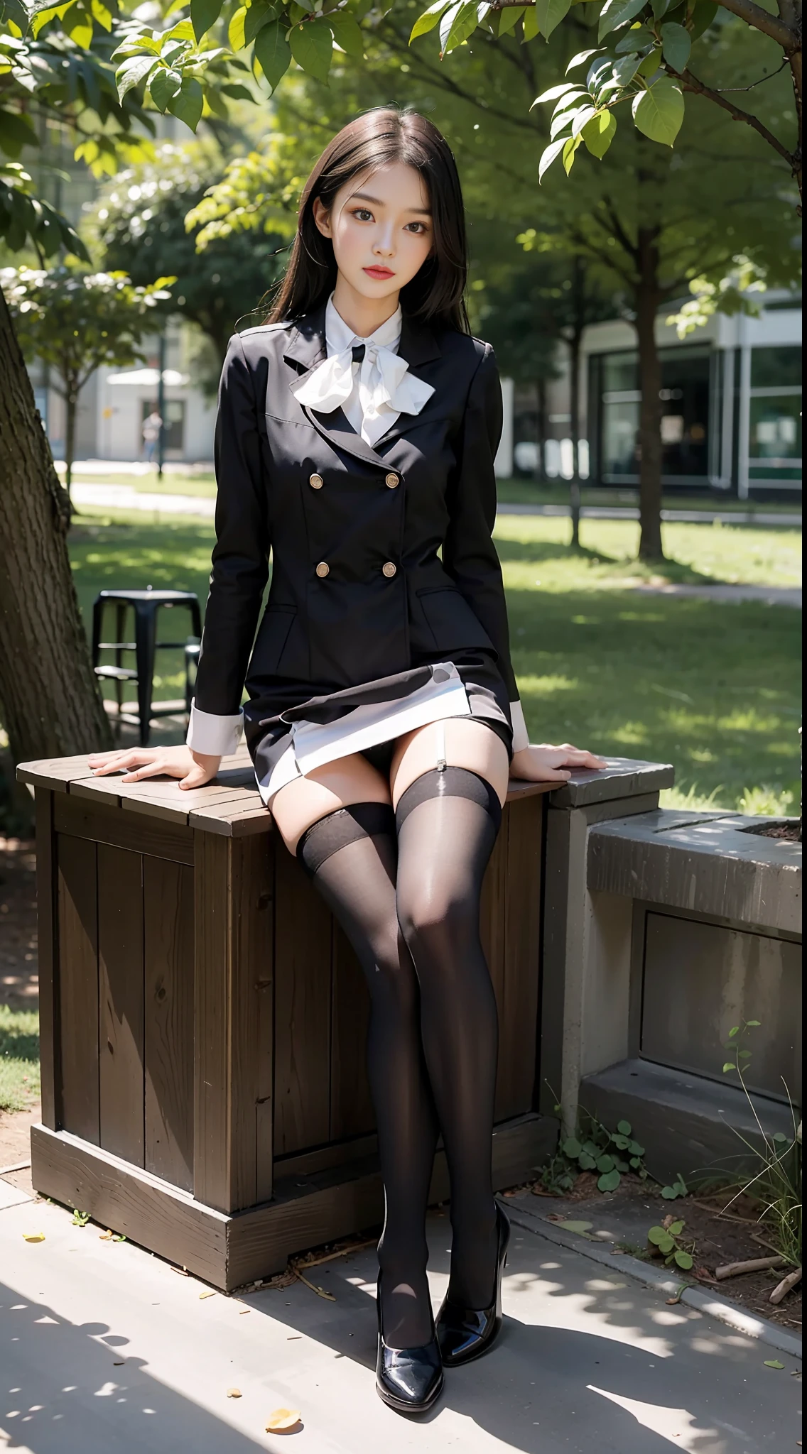 Best quality, full body portrait, delicate face, pretty face, 25 year old woman, slim figure, small bust, OL uniform, office clothes, black stockings, outdoor scene, sitting position