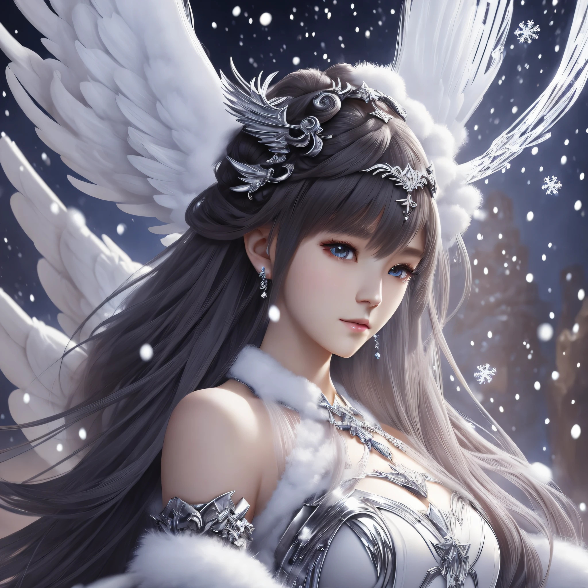 Close-up of an angel in white fur bandeau, epic fine character art, stunning character art, Cheng Wei Pan on Art Station, white wings, painting by senior character artist, beautiful figure, 2. 5 D CGI anime fantasy artwork, highly detailed fine fan art, portrait knight of zodiac girl, best art station for fan art, detailed digital anime art, bust, snow in winter --auto --s2