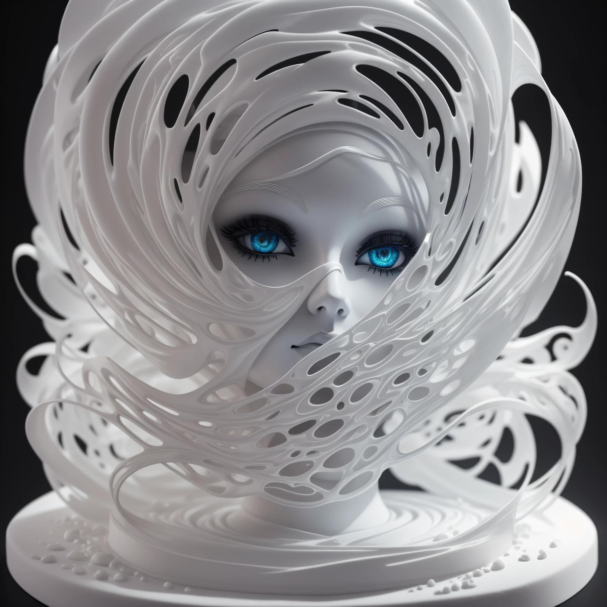 a close-up of a white dress on a mannequin against a black background, face with makeup, eyes ((symmetrical)), eyes ((well contoured::1)), nose ((symmetrical)), ((facial contours ultra-perfect ::1)) close-up On face :: 3D sculpted marble, luxurious flowing gown, rippling ocean waves ::1, Ryan Meinerding, cake sculpture, full body ::1, framed body 3D wire, character covered in liquid, mass sculpture, swirl, intensely beautiful image, trends in art, (wonderful designer) telephoto