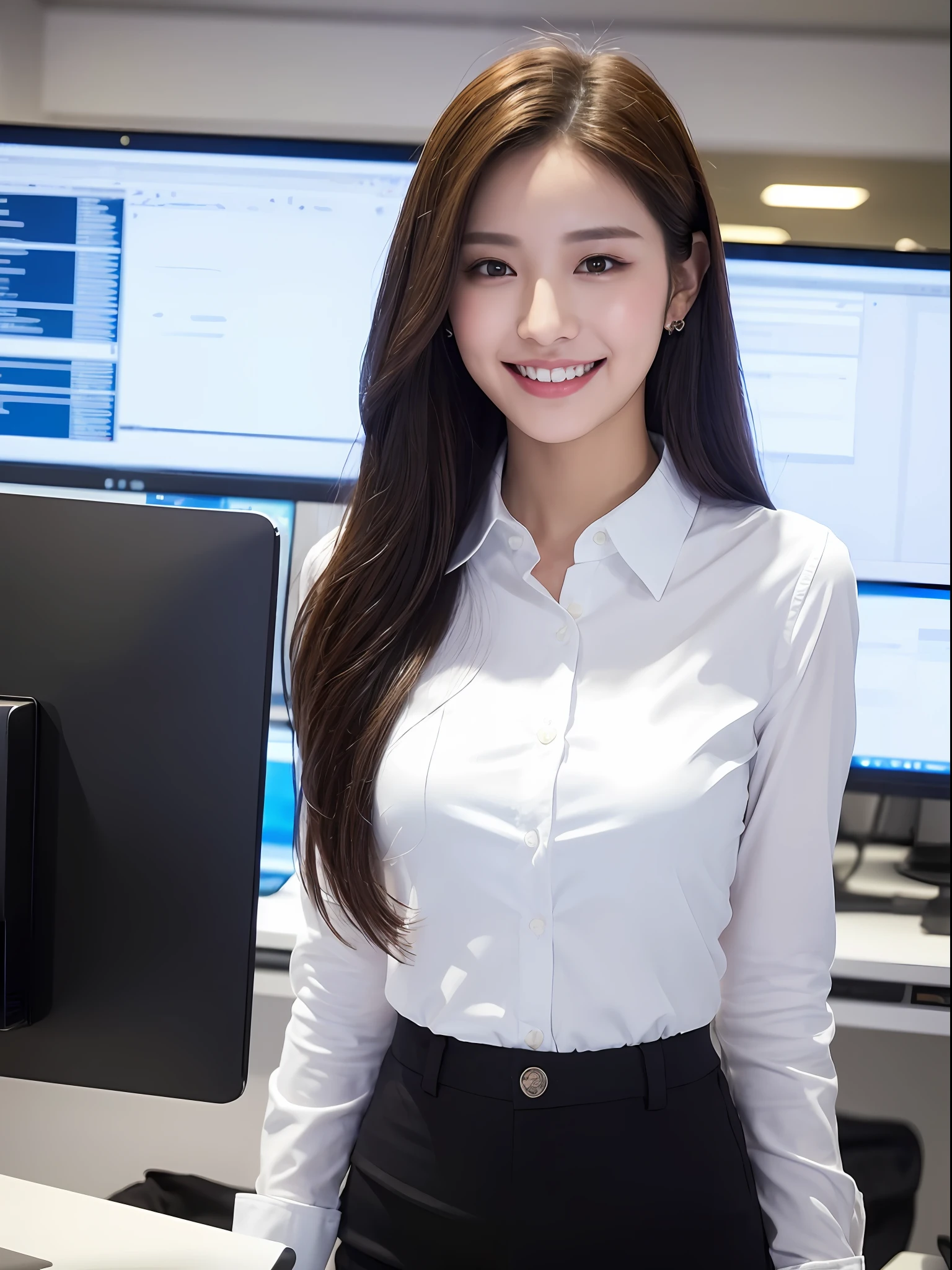 Super smile, big laugh ((top quality, 8K, masterpiece: 1.3)), one girl, smiling, full body, slim face, beautiful woman, wearing professional clothes, white shirt and black pants, holding a laptop, standing in the office area of a modern technology enterprise, behind a large display screen and creative design drawing, shows the atmosphere of technology and innovation, ultra-detailed face, detailed eyes, Slim face with double eyelids, blurred background, blurred background