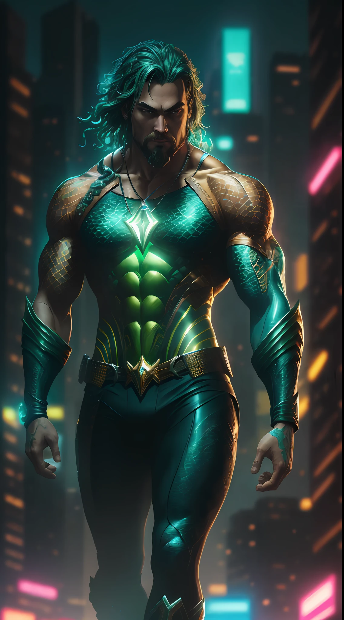 Aquaman from DC, neon ring on background, cyberpunk art style, cyberpunk style, cyberpunk style, cyberpunk character, hyper-realistic cyberpunk style, cyberpunk color, powerful lighting, motion synchronization, dynamism, charged energy, hot action