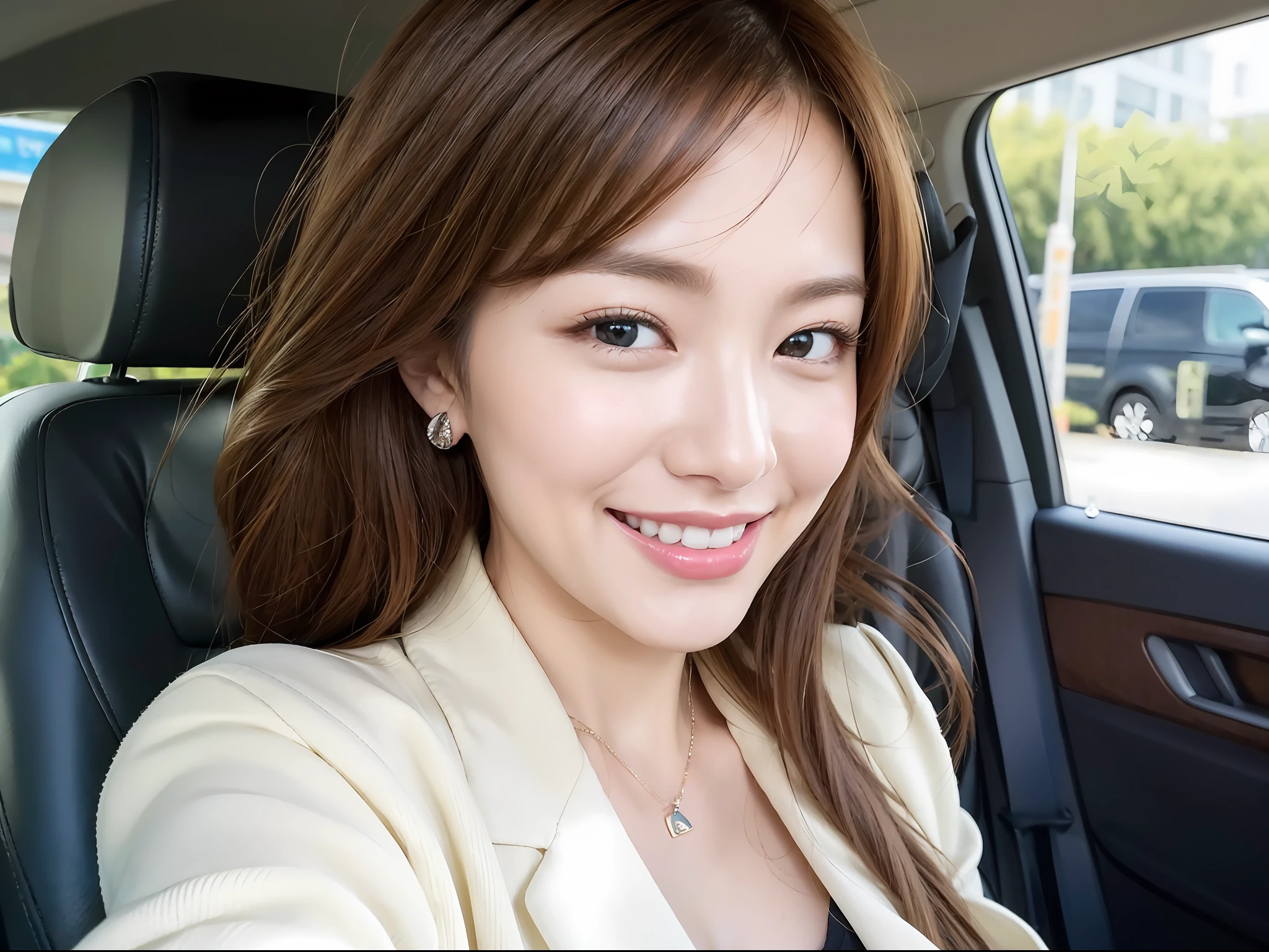 Super smile, big laugh (Masterpiece: 1.3), (8K, Photorealistic, RAW photo, Best quality: 1.4), Japan person, Beautiful face, (Realistic face), (Medium hair: 1.3), Realistic eyes, Beautiful eyes, (Realistic skin), Beautiful skin, Attractive, Ultra high definition, Ultra realistic, High definition, Office Lady, Night, driving, driving a car, behind the wheel, smiling, white shirt, jacket, selfie, cleavage,