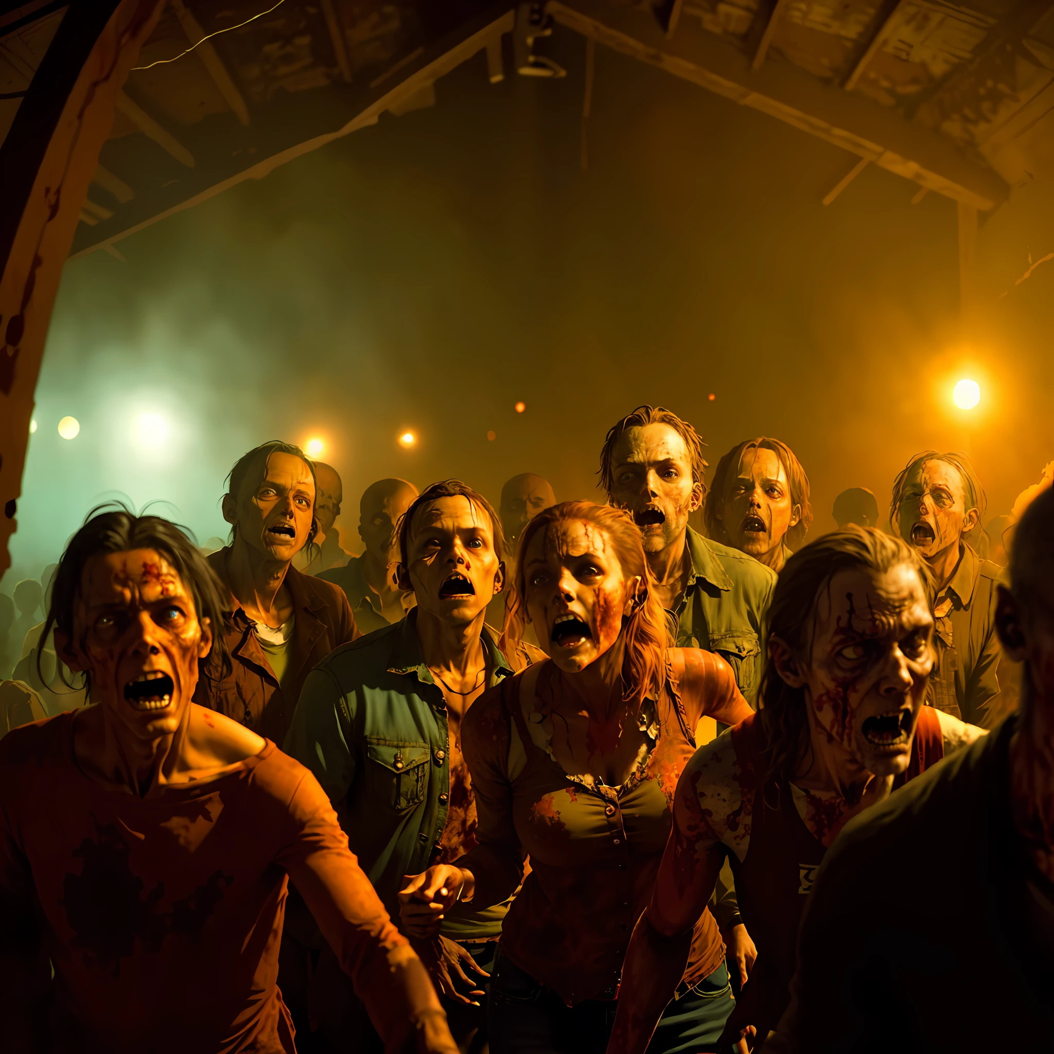 Zombies gathered around a group of people in a dark room, hordes of zombies, zombie swarms, apex of zombies, horror movie stills, zombie attacks, horror films, movie stills from horror movies, movie stills from horror movies, horror movie stills, zombie ghouls, performances, propaganda stills wide angle, bloody audiences, production stills, schools, school canteens,