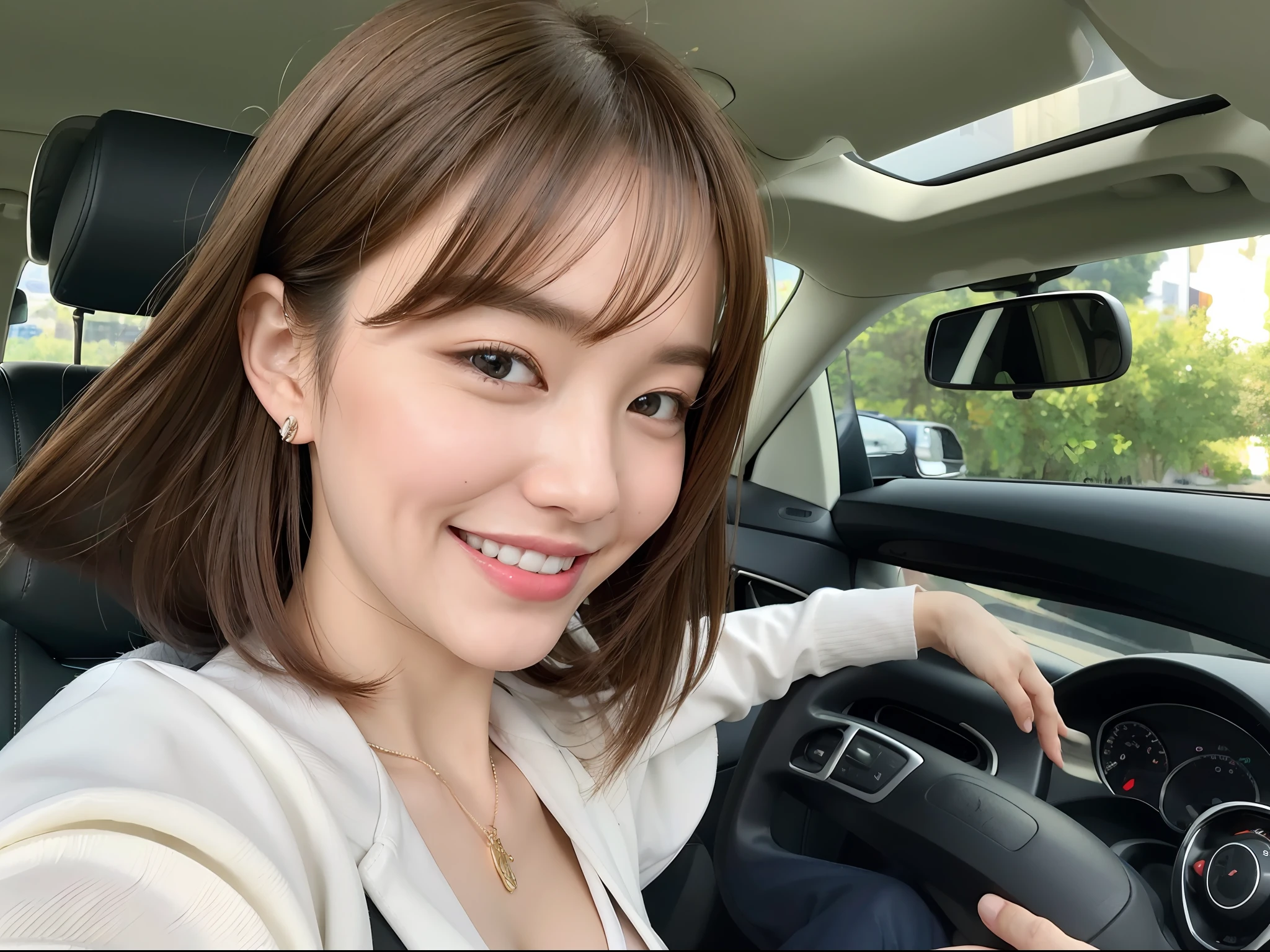 Super smile, big laugh (Masterpiece: 1.3), (8K, Photorealistic, RAW photo, Best quality: 1.4), Japan person, Beautiful face, (Realistic face), (Medium hair: 1.3), Realistic eyes, Beautiful eyes, (Realistic skin), Beautiful skin, Attractive, Ultra high definition, Ultra realistic, High definition, Office Lady, Night, driving, driving a car, behind the wheel, smiling, white shirt, jacket, selfie, cleavage,