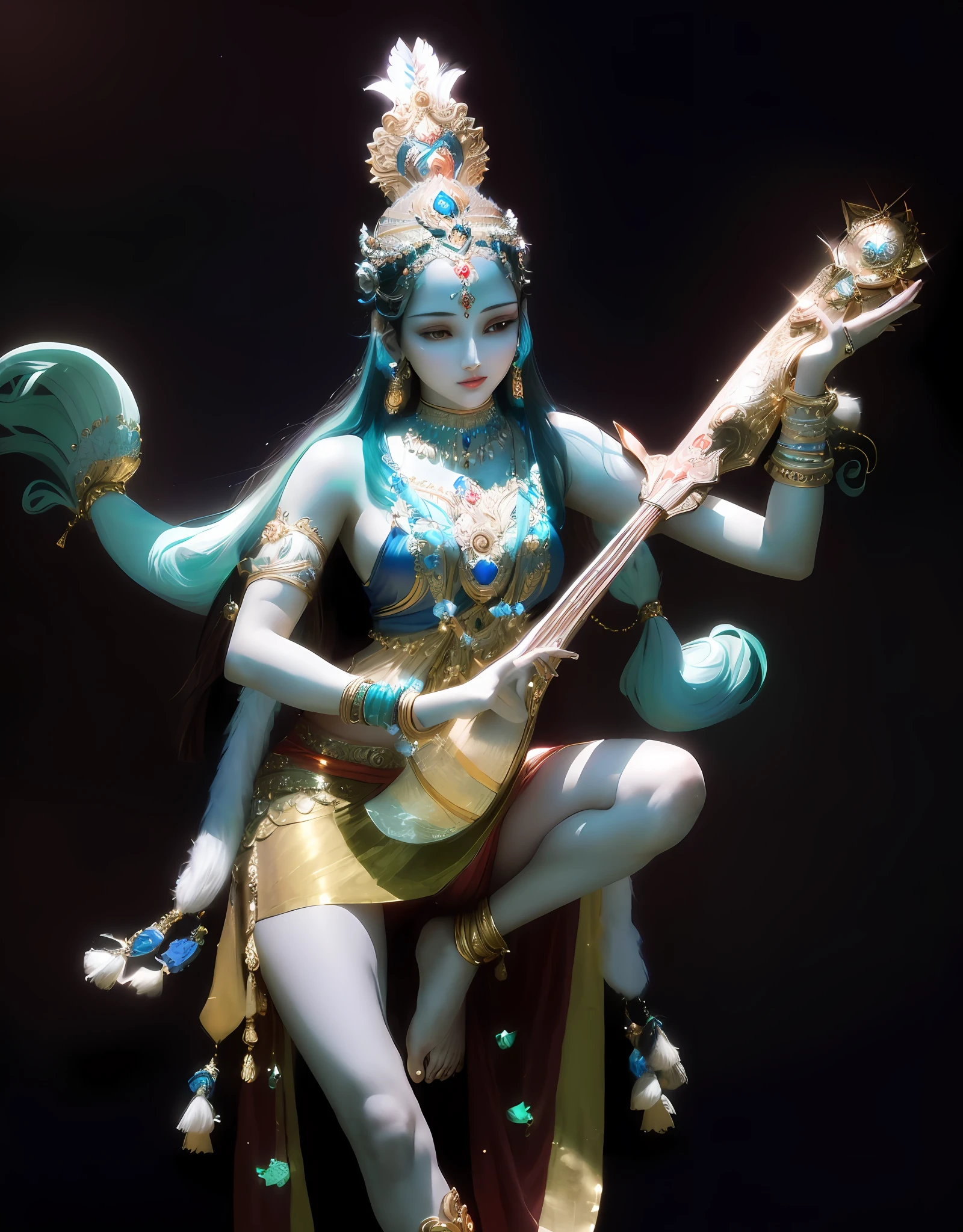 A woman dancing with a lute, full body display, dancing barefoot, Hindu god, Hindu god, extremely detailed footage of the goddess, goddess. Extremely high detail, attractive goddess, goddess of love and peace, indian goddess of wealth, goddess of brunette hair, goddess of beauty, 3D portrait of goddess, amazing portrait of goddess, portrait of goddess of beauty