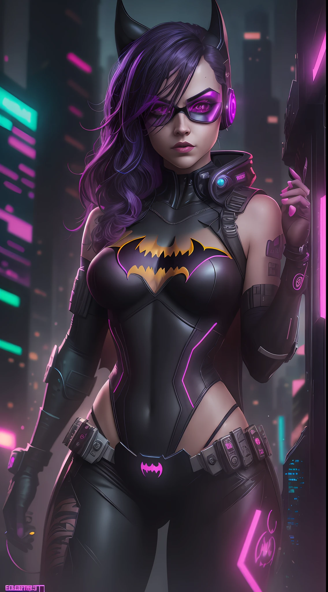 Batgirl (sexy) from DC, neon ring on background, cyberpunk art style, cyberpunk style, cyberpunk style, cyberpunk character, hyper-realistic cyberpunk style, cyberpunk color, powerful lighting, motion synchronization, dynamism, charged energy, hot action