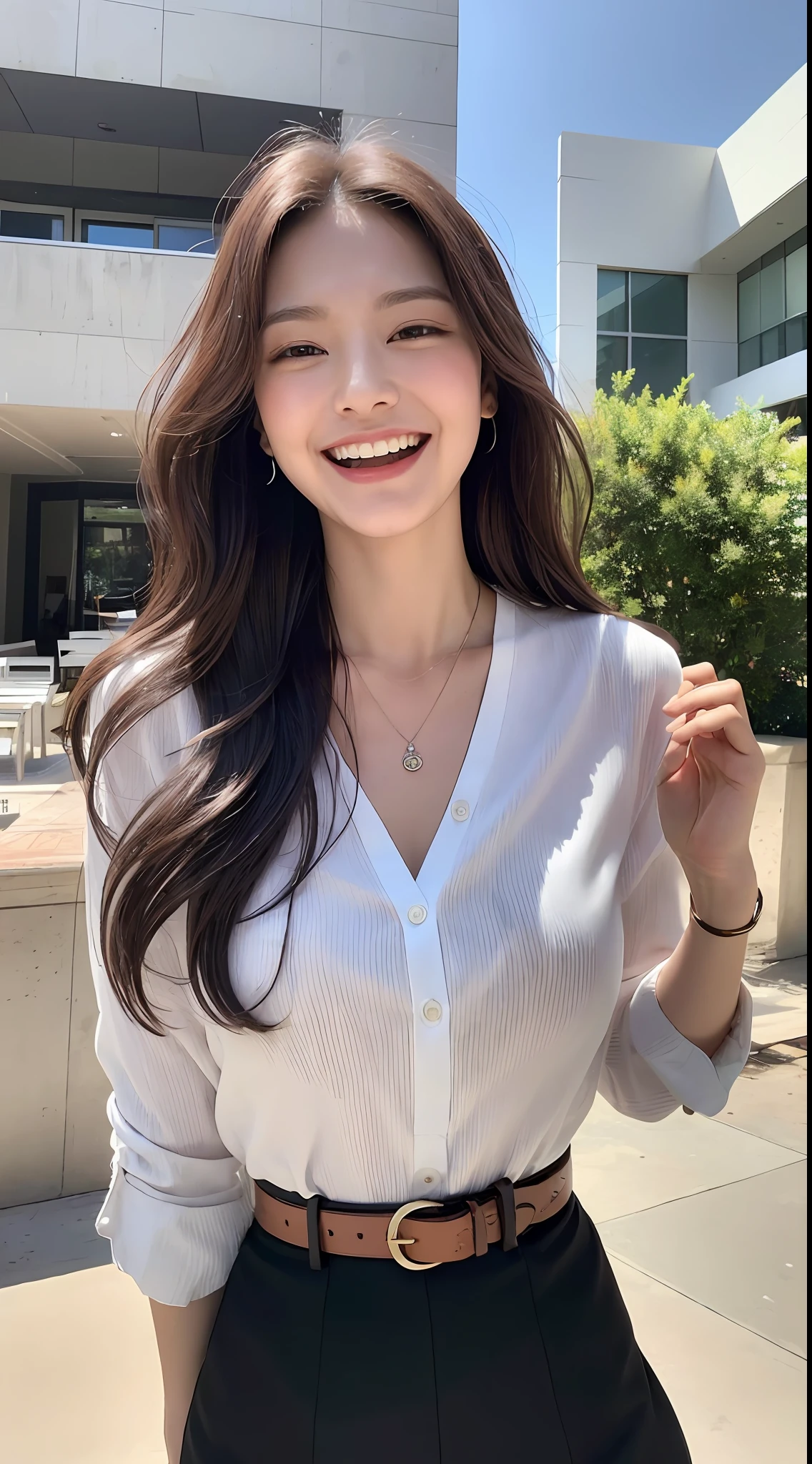 Laughing expression, (top quality, high resolution, masterpiece: 1.3), tall and cute woman, slender abs, dark brown hair styled with loose waves, chest, wearing pendant, white button-up shirt, belt, black skirt, (modern architecture in the background), exquisitely rendered details on face and skin texture, detailed eyes, double eyelids