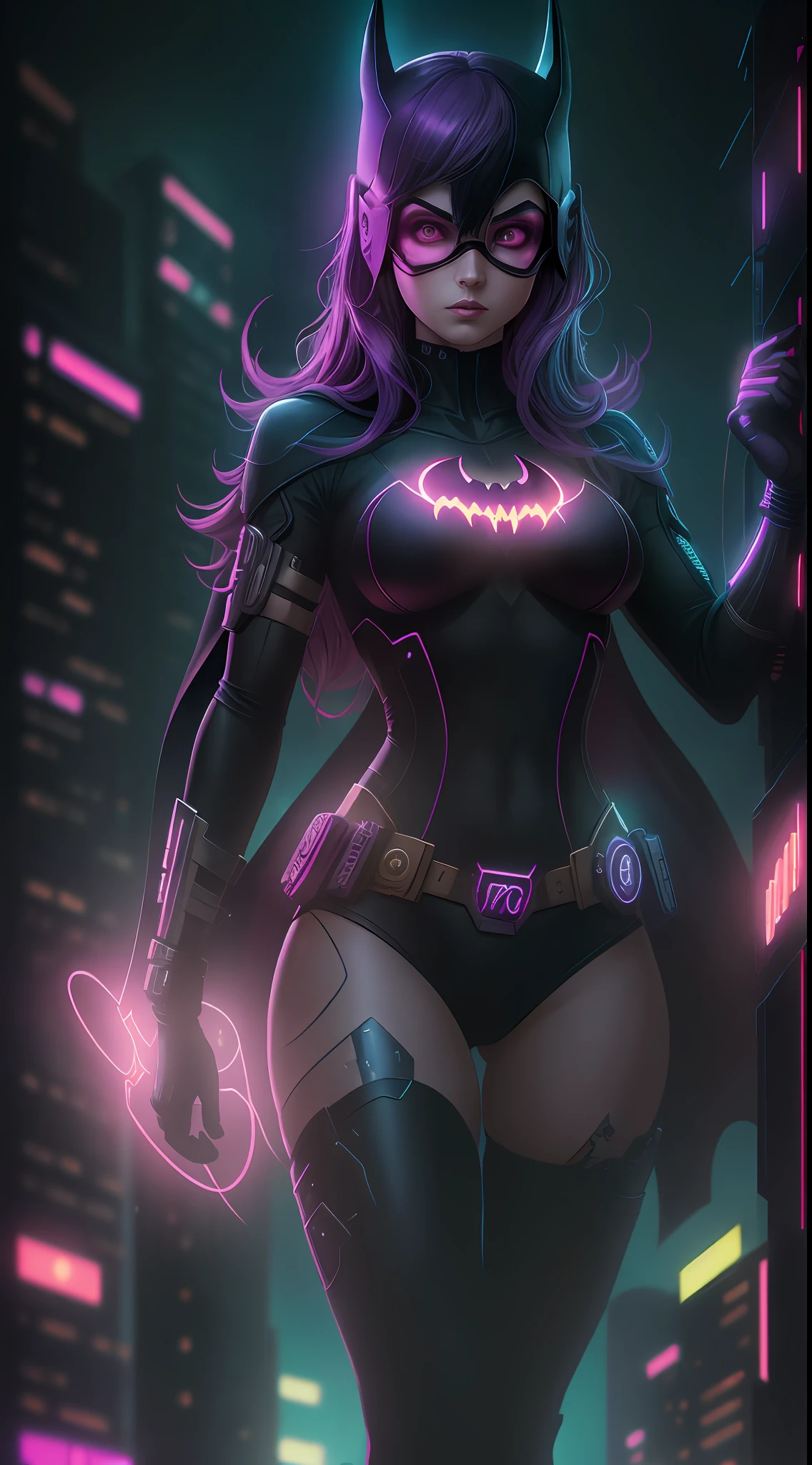 God Batgirl from DC, neon ring on background, cyberpunk art style, cyberpunk style, cyberpunk style, cyberpunk character, hyper-realistic cyberpunk style, cyberpunk color, powerful lighting, motion synchronization, dynamism, charged energy, hot action