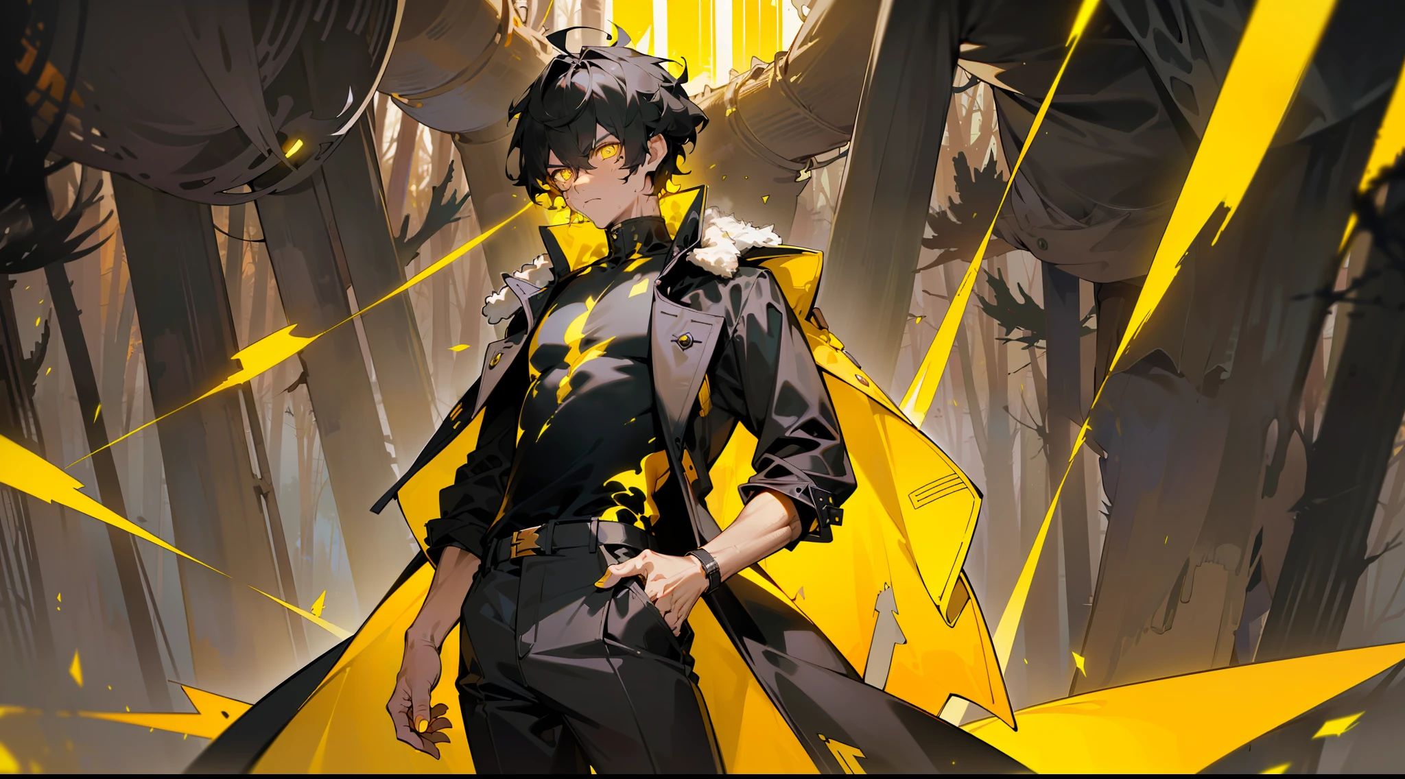 masterpiece, (best quality, high quality, highres), badass anime, 4K, human, mature handsome male, (((solo))), (male focus), ((mature)), ((black)) short hair, hair between eyes, slim, ((yellow pupils)), glowing pupils, detailed eyes, front view, (clothing, (topwear: ((black modern coat, black t-shirt), bottomwear:(pants: black)), standing, detailed clothing, coat collar, coat fluttering, tall, (serious expression), (((burnt forest))), (detailed background), clothing covered with ((yellow glowing elements))