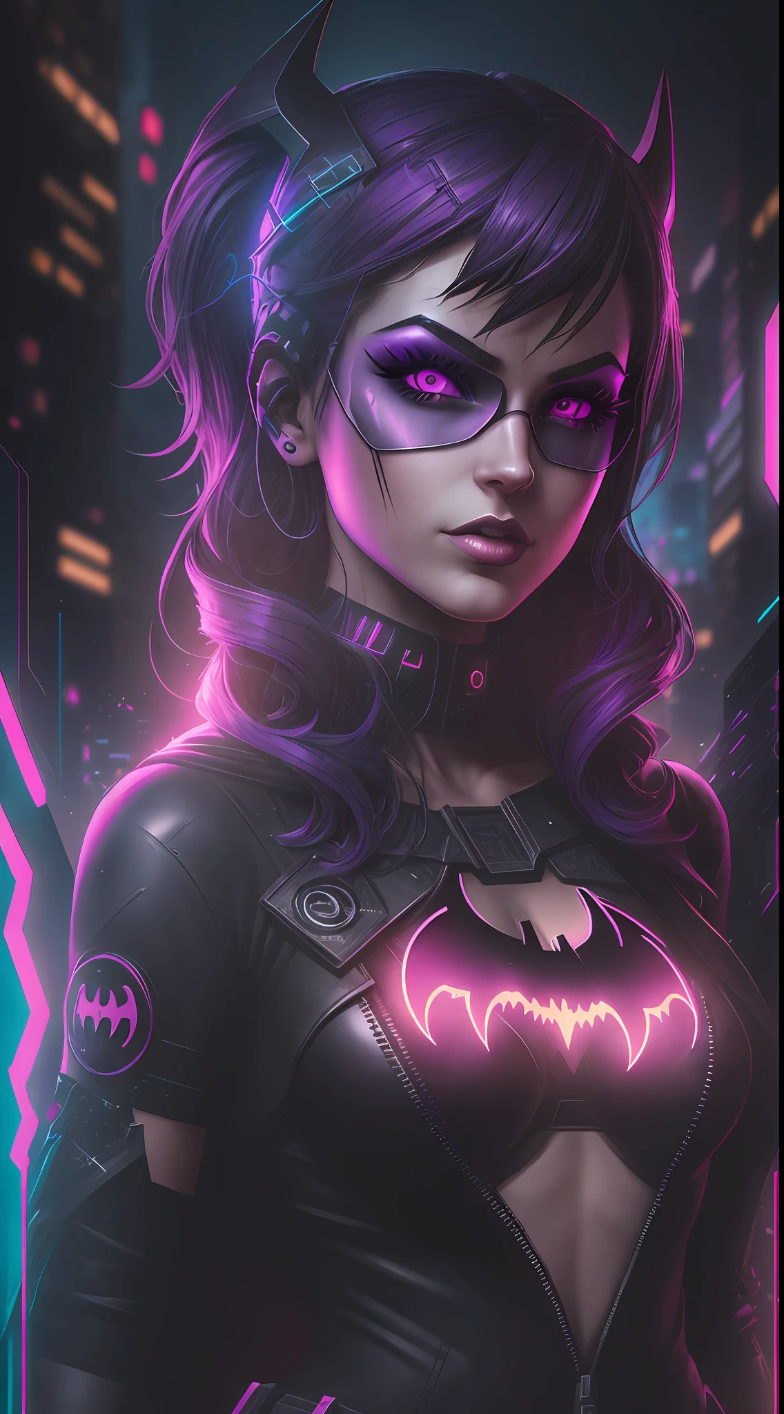 God Batgirl (sexy) from DC, neon ring on background, cyberpunk art style, cyberpunk style, cyberpunk style, cyberpunk character, hyper-realistic cyberpunk style, cyberpunk color, powerful lighting, motion synchronization, dynamism, charged energy, hot action