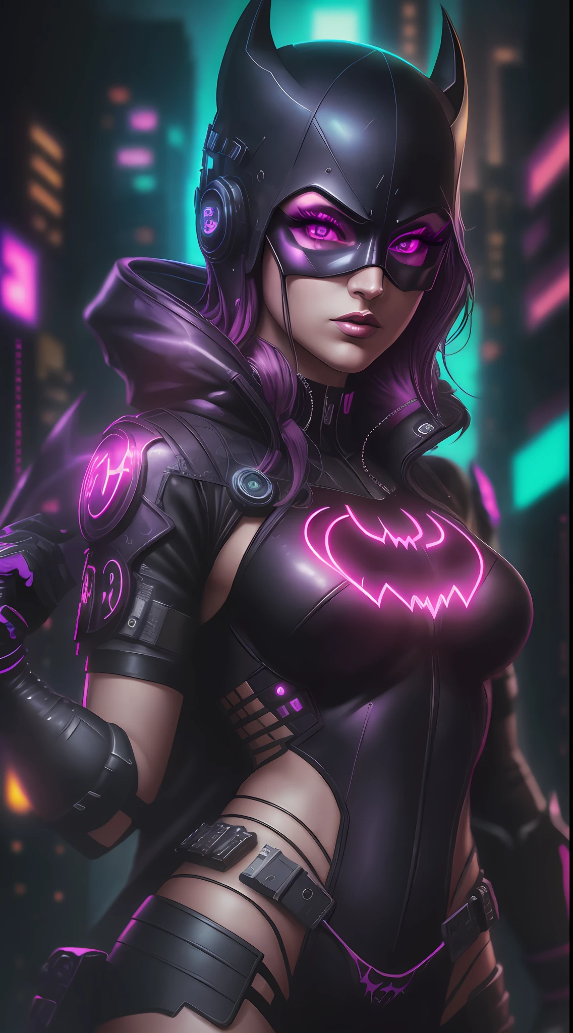 God Batgirl (sexy) from DC, neon ring on background, cyberpunk art style, cyberpunk style, cyberpunk style, cyberpunk character, hyper-realistic cyberpunk style, cyberpunk color, powerful lighting, motion synchronization, dynamism, charged energy, hot action