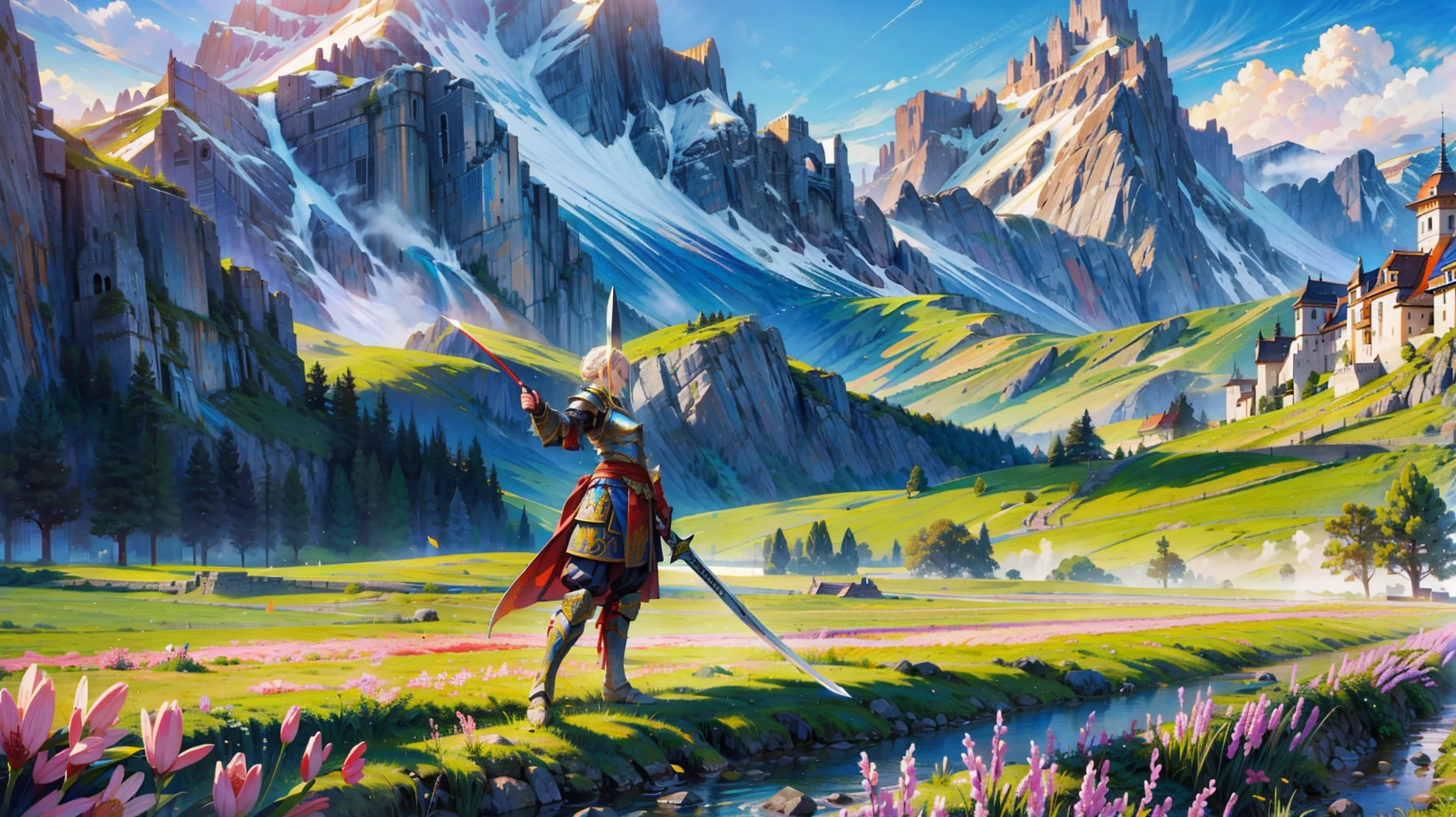 A warrior with exuberant armor and sword in hand, mid-scale pixel art. Beautiful scenery in the background with mountains, fields and high quality pixels.