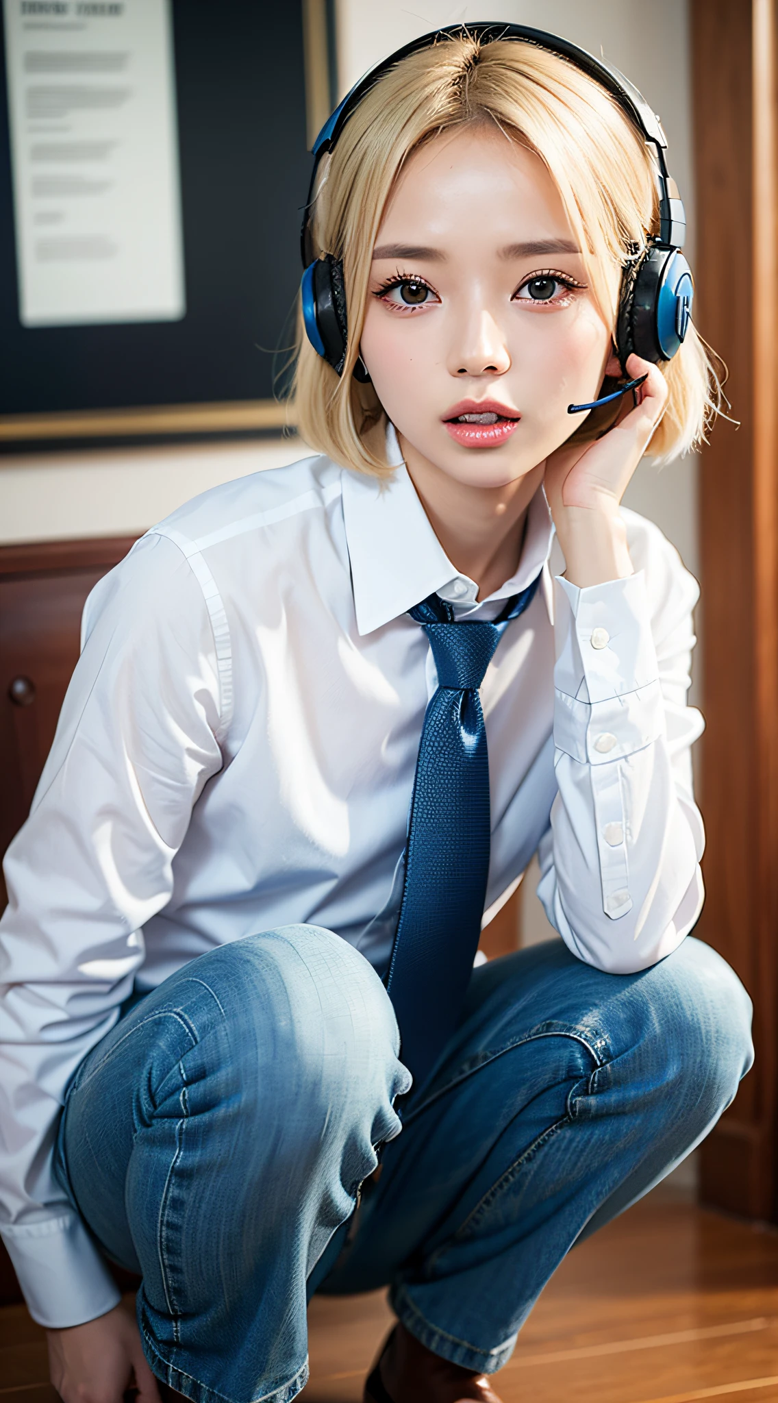 Petite woman, (yinchuan:1.5), masterpiece, Best quality, Raw photo, Photorealistic, Face, Incredibly ridiculous, Beautiful girl, Cute, Blonde and short hair, Cohesive hair, depth of field, High resolution, Ultra detail, Fine detail, Very detailed, Very detailed eyes and face, Sharp pupils, Realistic pupils, Sharp focus, Cinematic lighting, Duck mouth, White shirt with collar, jeans long pants, long boots, blue tie, indoors, one-ear headset